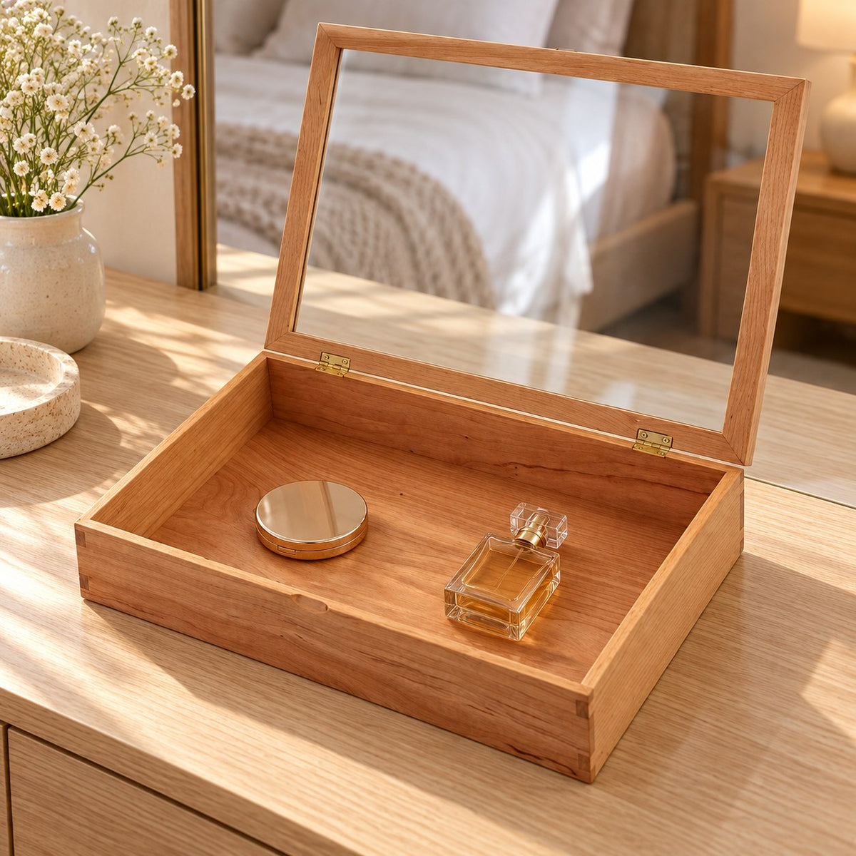 Hyalina Glass Jewellery Box in Cherry / Extra Large, on a dressing table #Wood_Cherry|Size_Extra Large