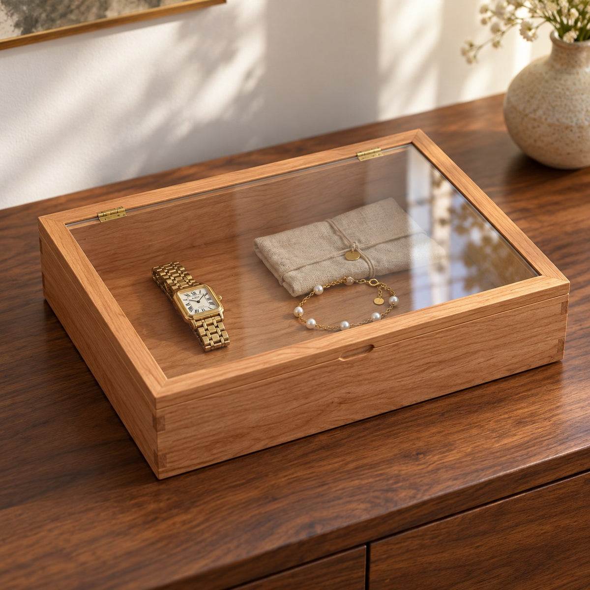 Hyalina Glass Jewellery Box in Cherry / Extra Large, on a sideboard in natural light #Wood_Cherry|Size_Extra Large