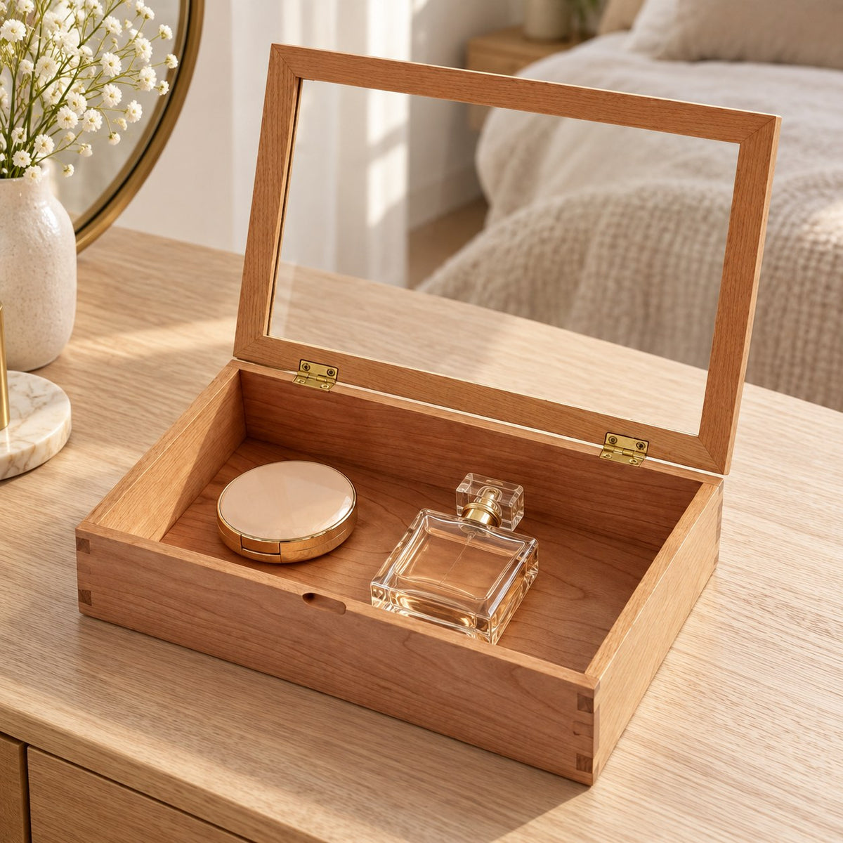 Hyalina Glass Jewellery Box in Cherry / Large, on a dressing table #Wood_Cherry|Size_Large