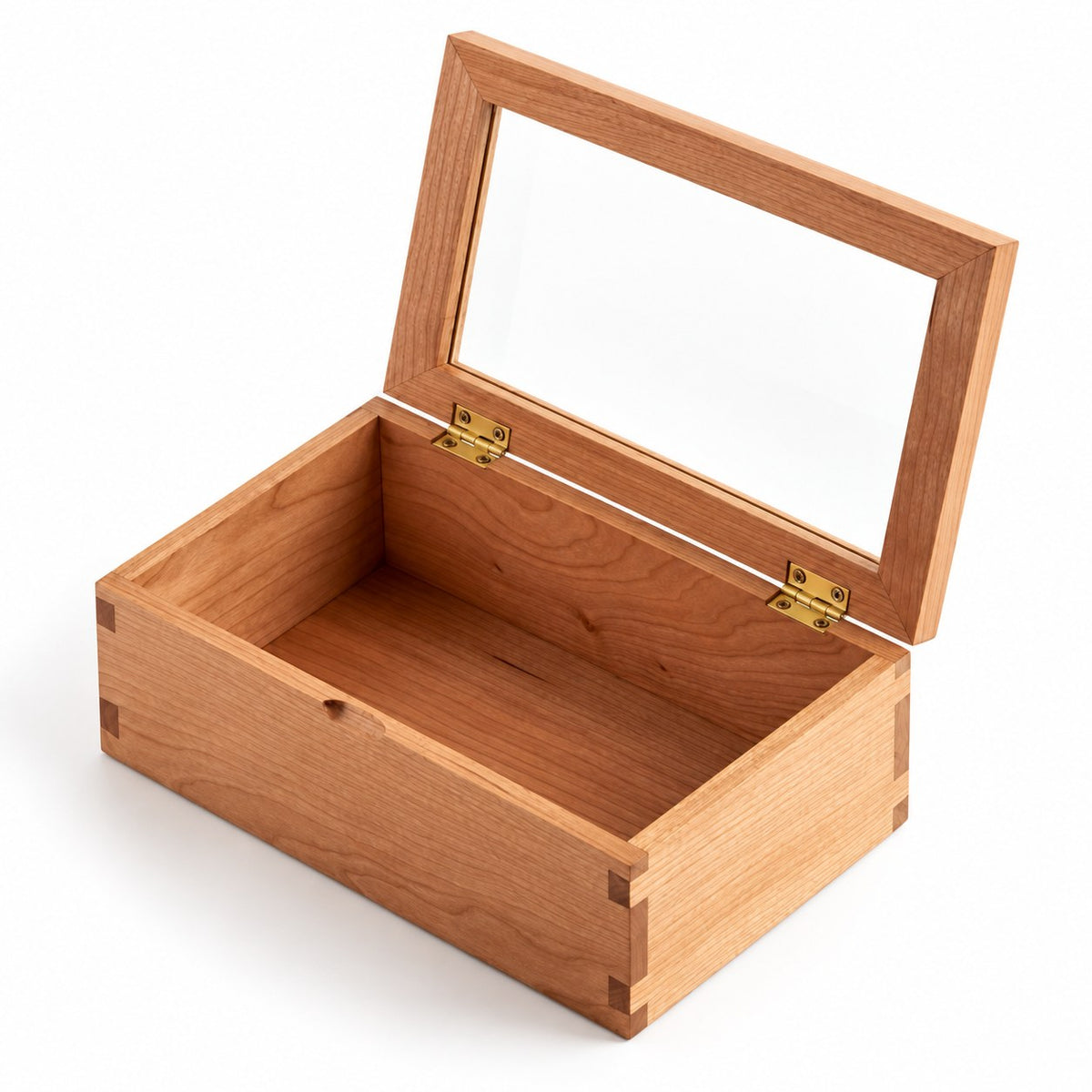 Hyalina Glass Jewellery Box in Cherry / Small, open with empty compartments, studio view on white #Wood_Cherry|Size_Small