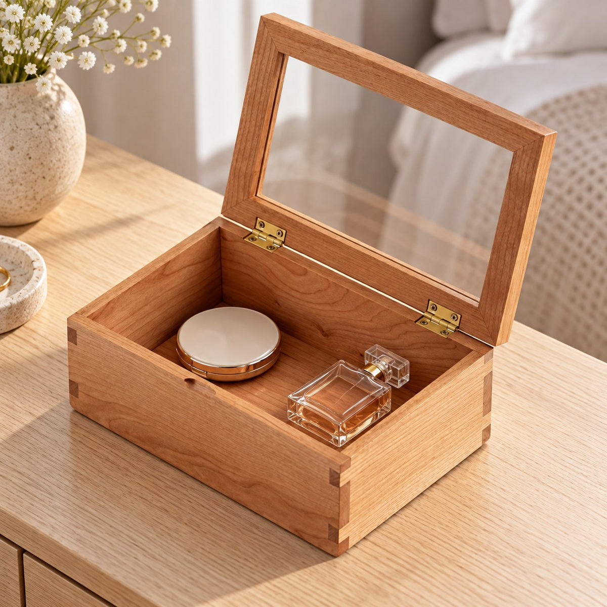 Hyalina Glass Jewellery Box in Cherry / Small, on a dressing table #Wood_Cherry|Size_Small