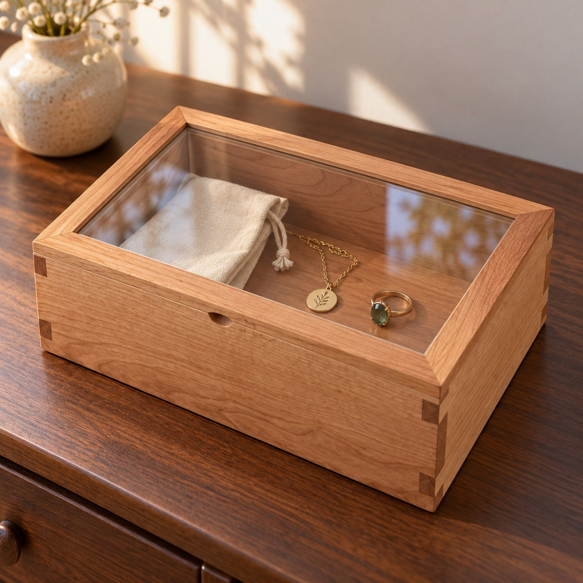 Hyalina Glass Jewellery Box in Cherry / Small, on a sideboard in natural light #Wood_Cherry|Size_Small