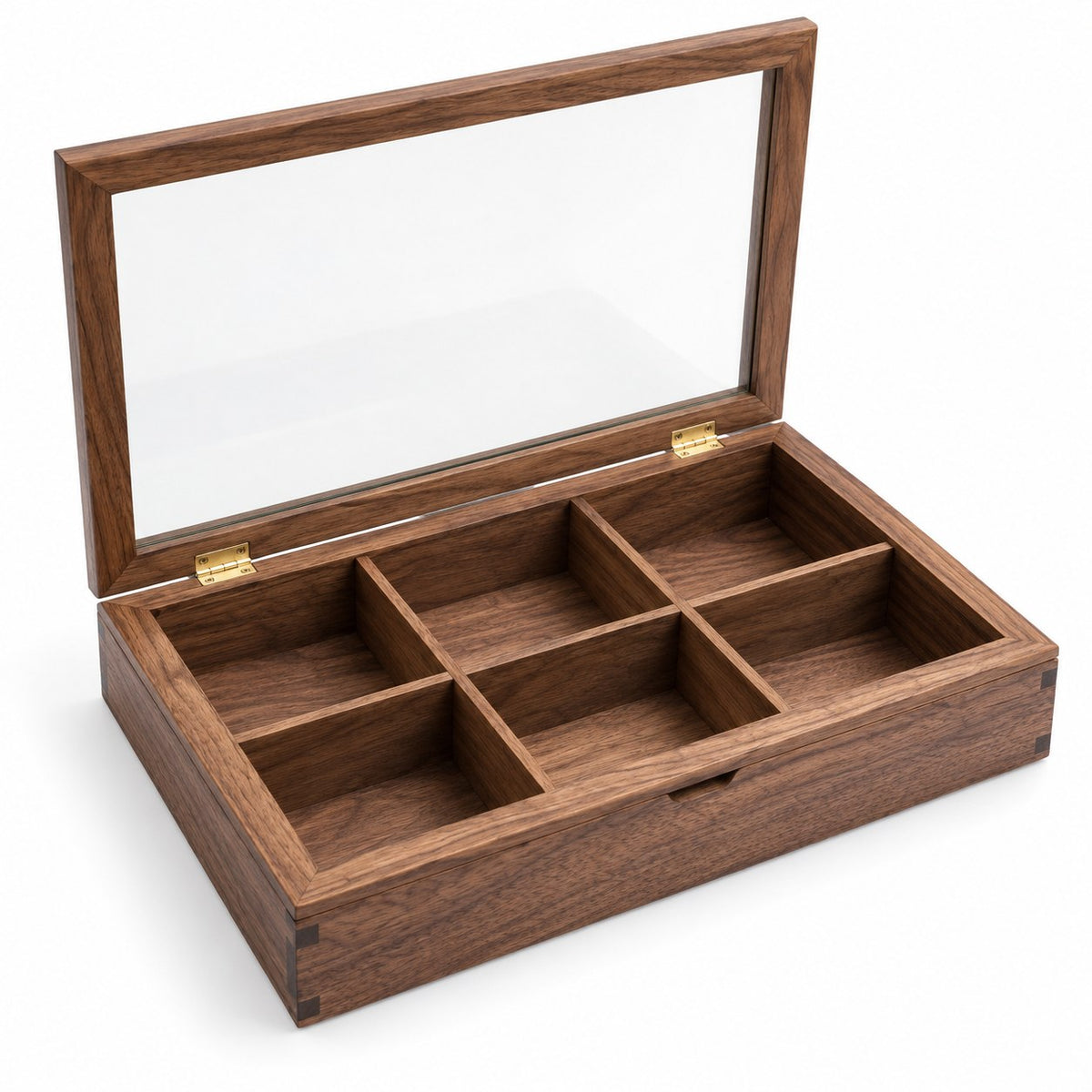 Hyalina Glass Jewellery Box in Walnut / 6-Slot, open with empty compartments, studio view on white #Wood_Walnut|Size_6-Slot