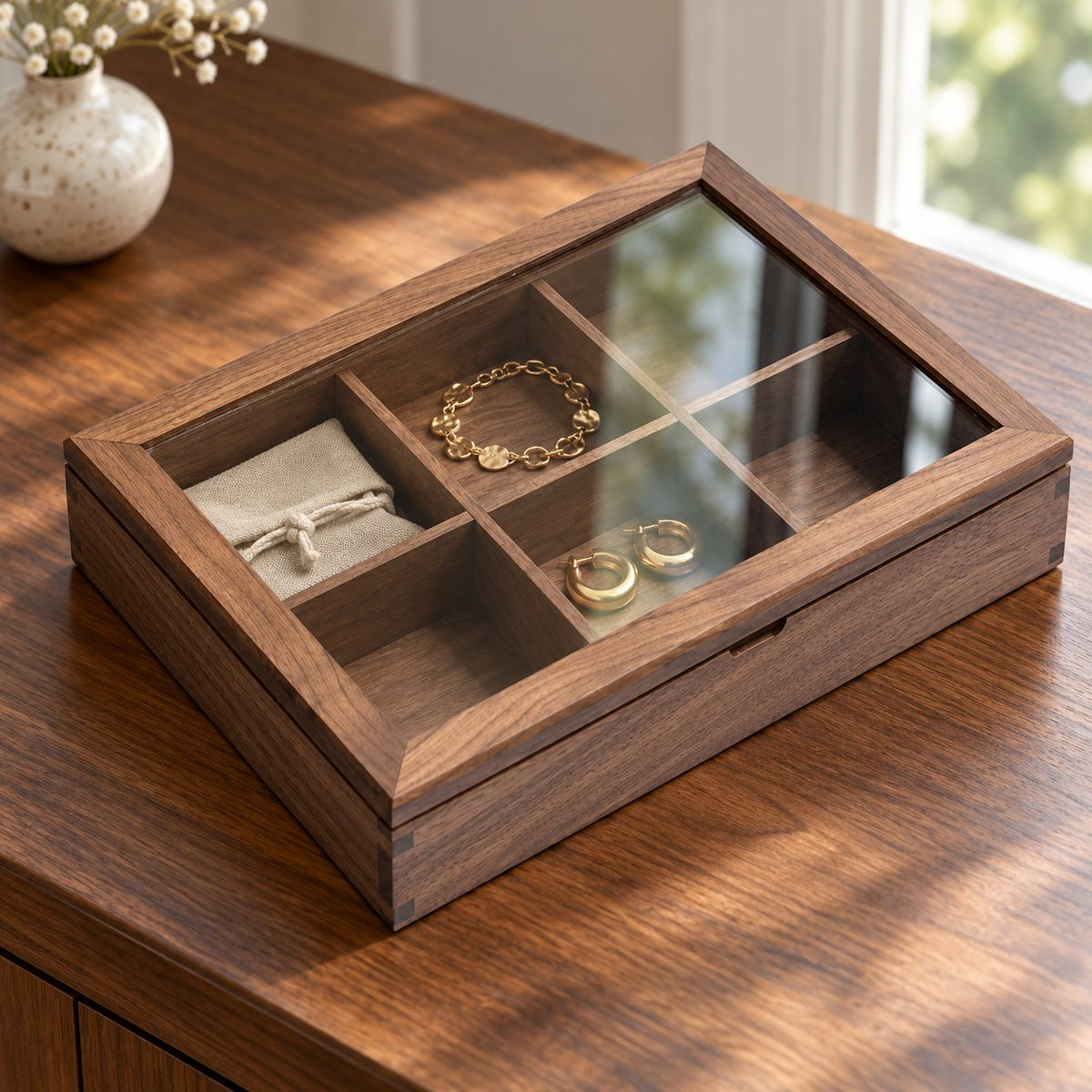Hyalina Glass Jewellery Box in Walnut / 6-Slot, on a sideboard in natural light #Wood_Walnut|Size_6-Slot