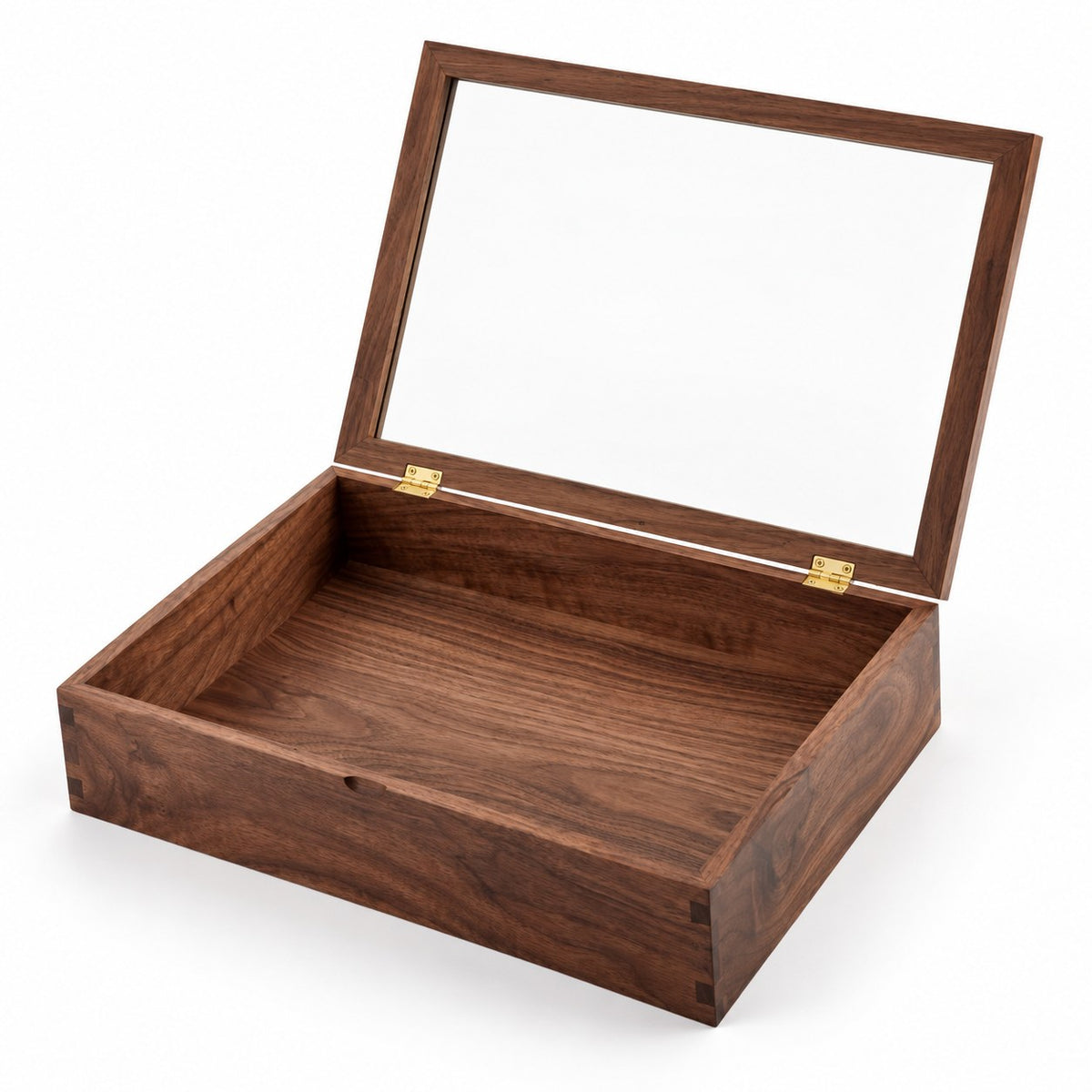 Hyalina Glass Jewellery Box in Walnut / Extra Large, open with empty compartments, studio view on white #Wood_Walnut|Size_Extra Large