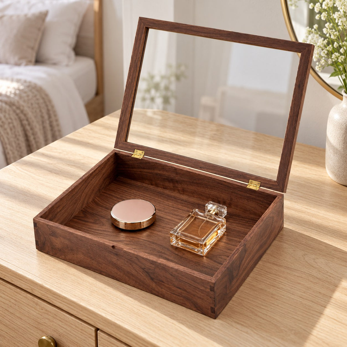 Hyalina Glass Jewellery Box in Walnut / Extra Large, on a dressing table #Wood_Walnut|Size_Extra Large
