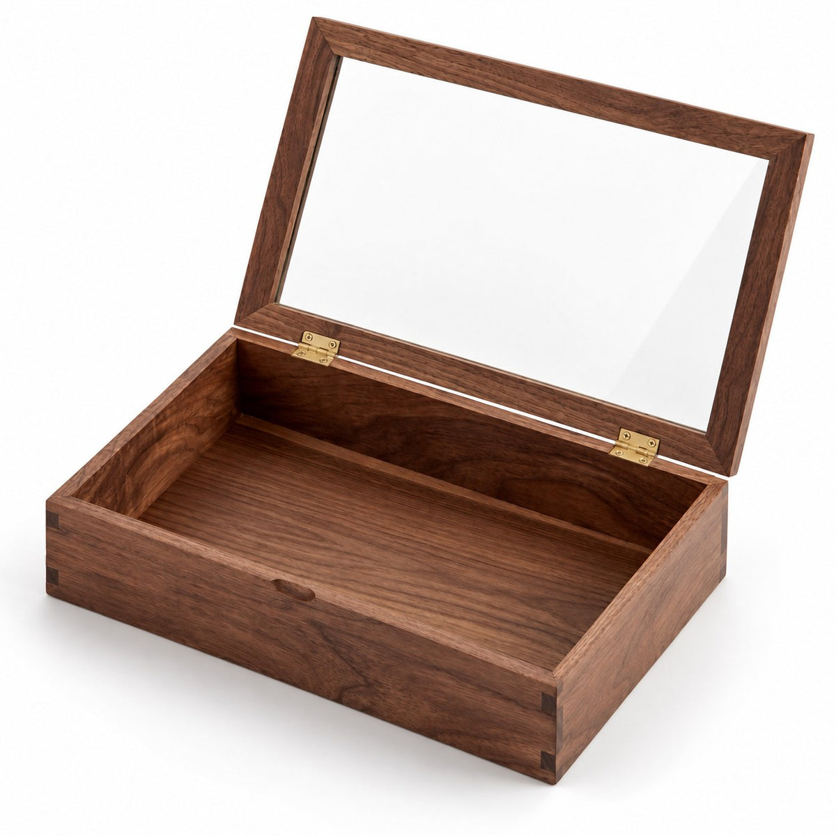Hyalina Glass Jewellery Box in Walnut / Large, open with empty compartments, studio view on white #Wood_Walnut|Size_Large