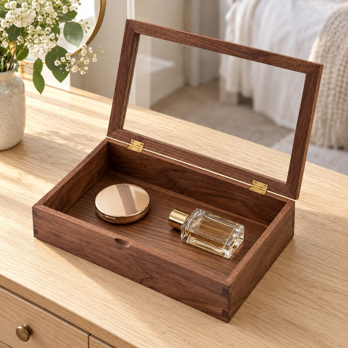 Hyalina Glass Jewellery Box in Walnut / Large, on a dressing table #Wood_Walnut|Size_Large
