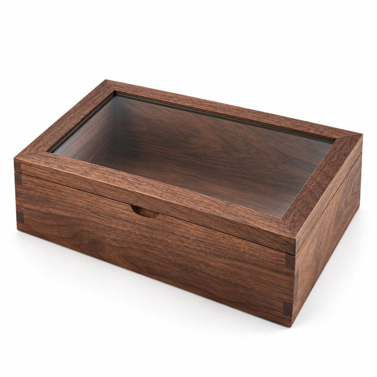 Hyalina Glass Jewellery Box in Walnut / Small, closed, studio view on white #Wood_Walnut|Size_Small