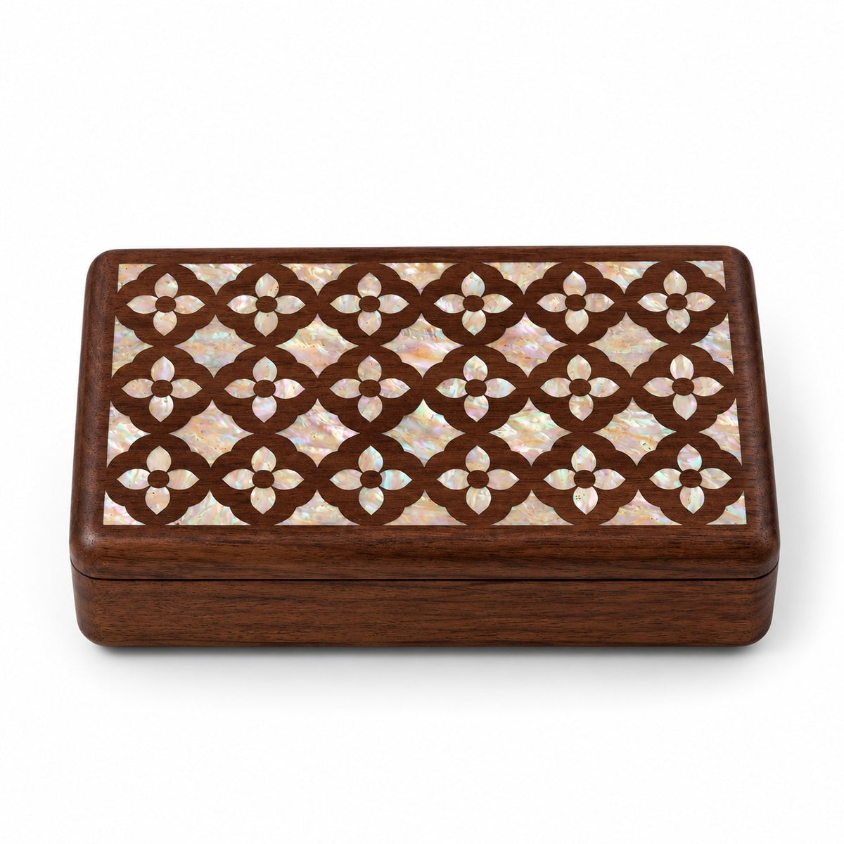 Iridia Mother-of-Pearl Jewellery Box in Brocade, closed, studio view on white #Style_Brocade