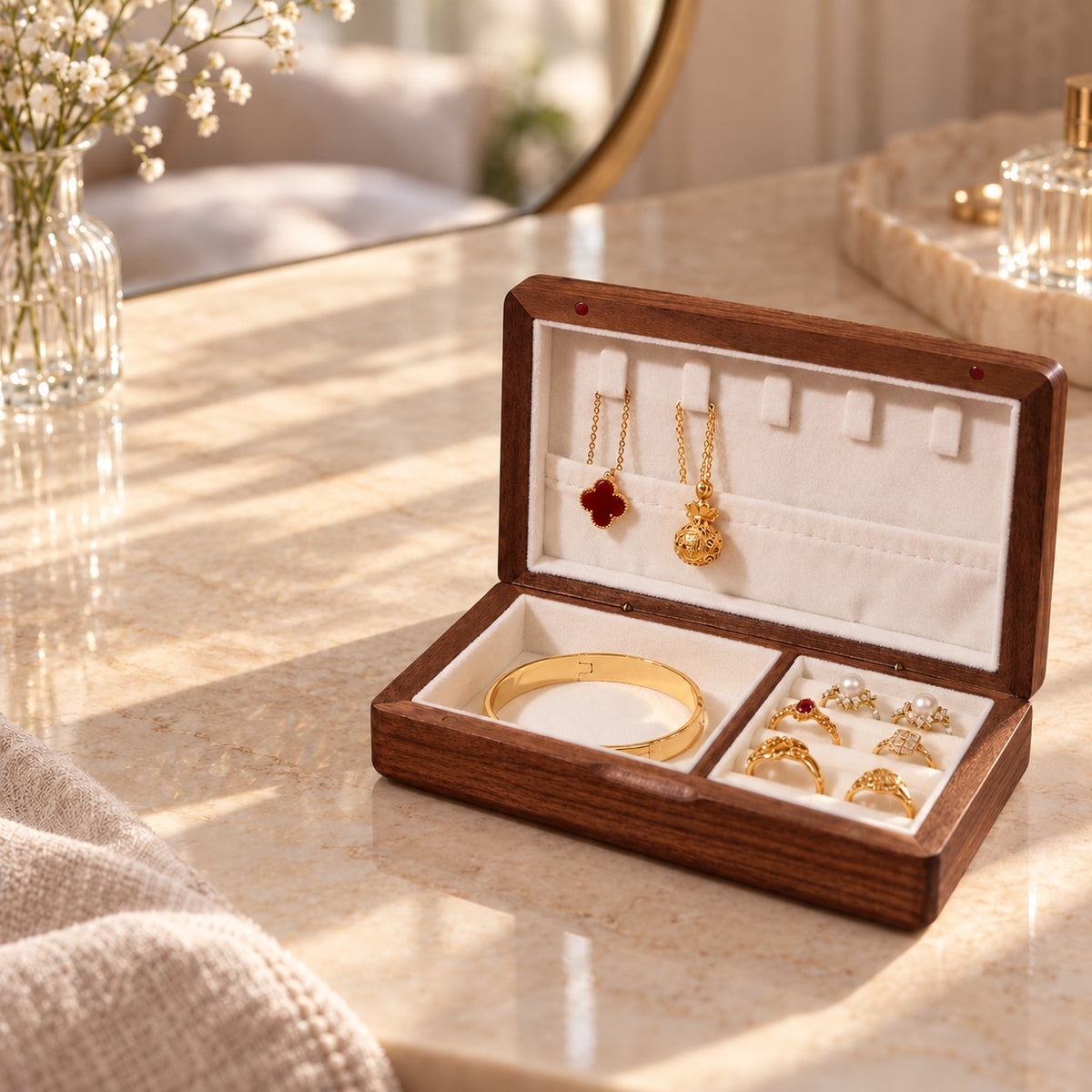 Iridia Mother-of-Pearl Jewellery Box in Brocade, on a dressing table #Style_Brocade