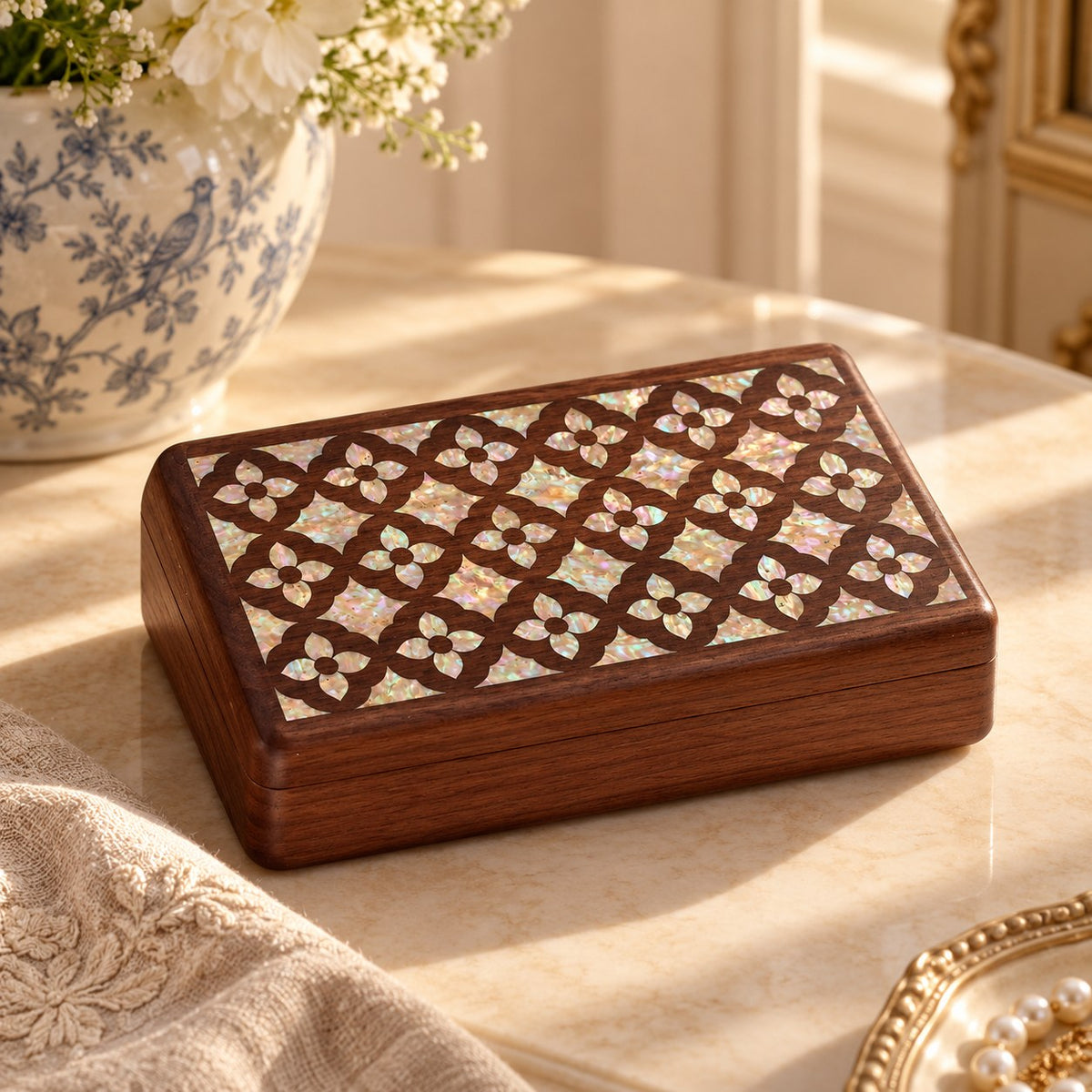 Iridia Mother-of-Pearl Jewellery Box in Brocade, on a sideboard in natural light #Style_Brocade