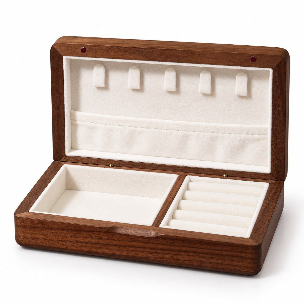 Iridia Mother-of-Pearl Jewellery Box in Ruyi, open with empty compartments, studio view on white #Style_Ruyi