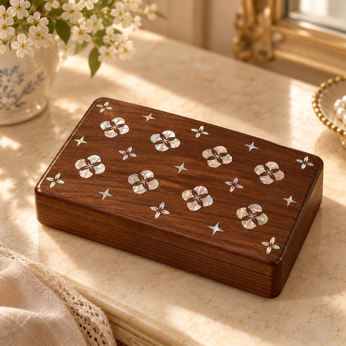 Iridia Mother-of-Pearl Jewellery Box in Ruyi, on a sideboard in natural light #Style_Ruyi