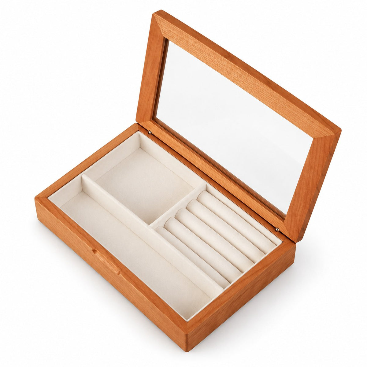 Lucina Glass Jewellery Box in Cherry, open with empty compartments, studio view on white #Wood_Cherry