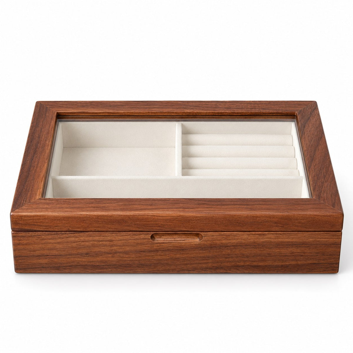 Lucina Glass Jewellery Box in Walnut, closed, studio view on white #Wood_Walnut