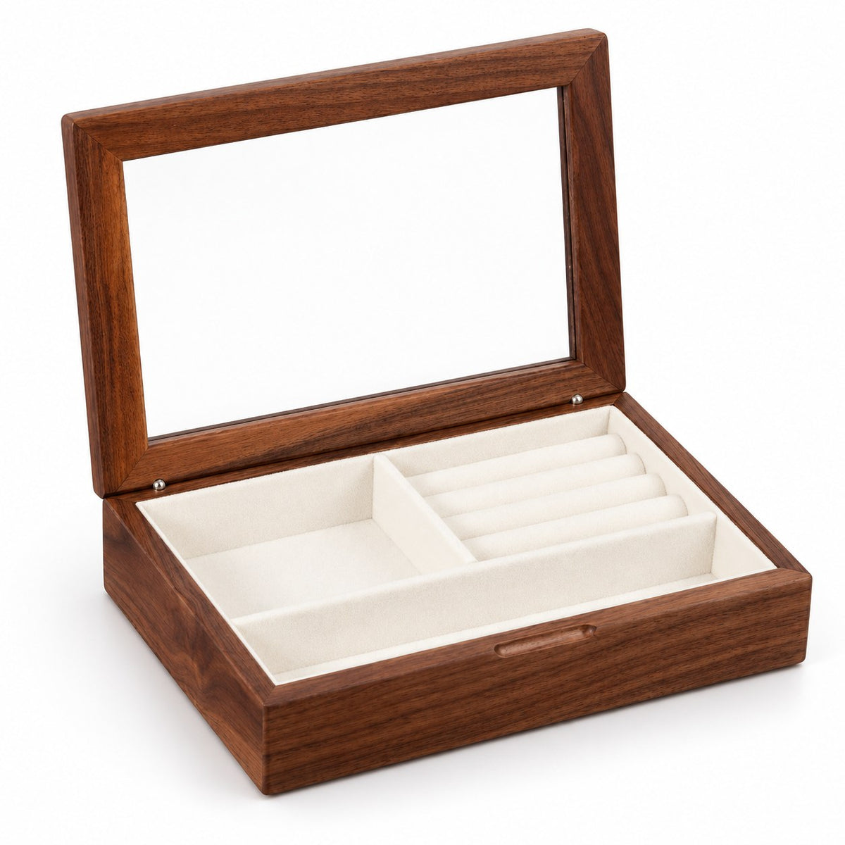 Lucina Glass Jewellery Box in Walnut, open with empty compartments, studio view on white #Wood_Walnut