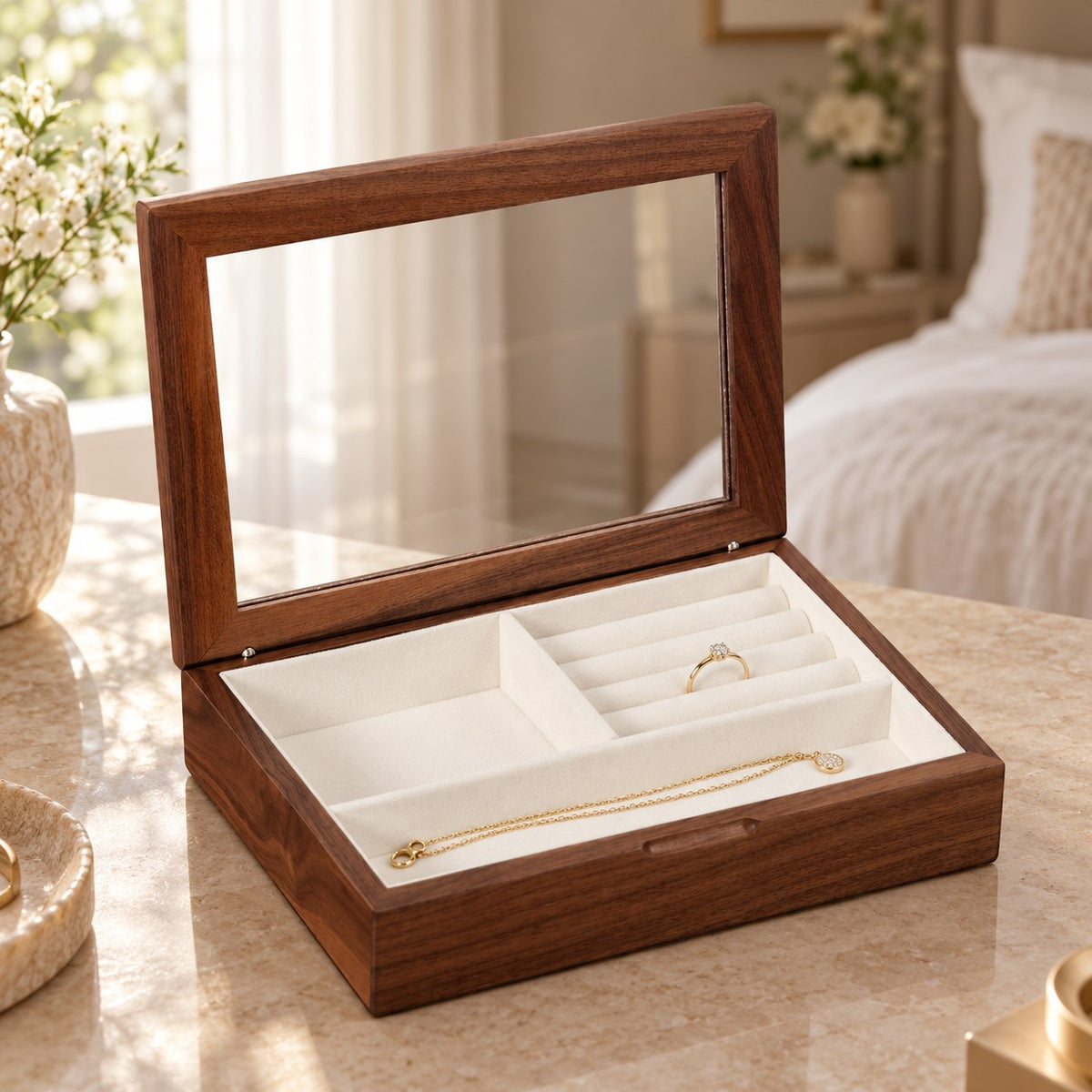 Lucina Glass Jewellery Box in Walnut, on a dressing table #Wood_Walnut