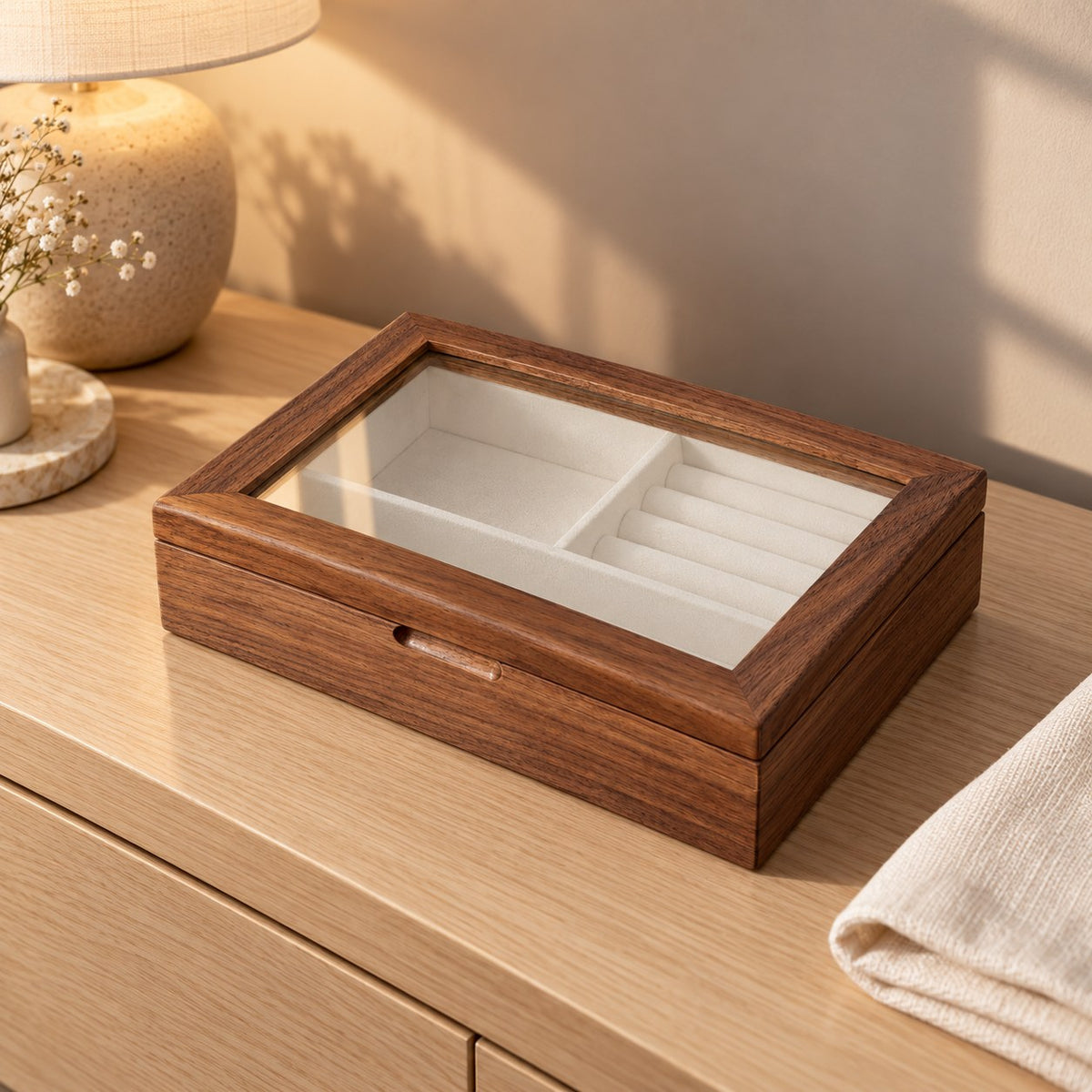 Lucina Glass Jewellery Box in Walnut, on a sideboard in natural light #Wood_Walnut