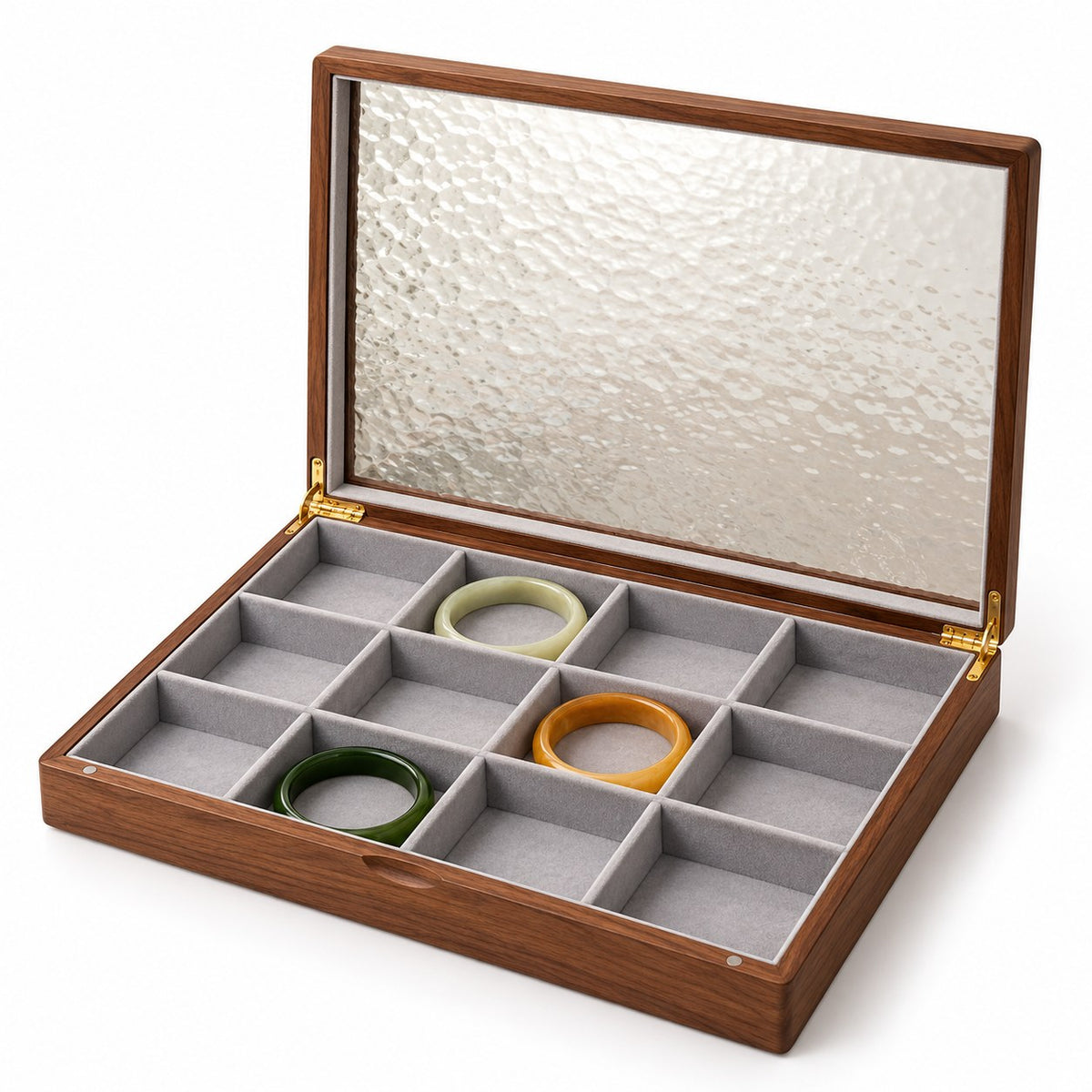 Marea Glass Jewellery Box in Bracelet, open with empty compartments, studio view on white #Style_Bracelet