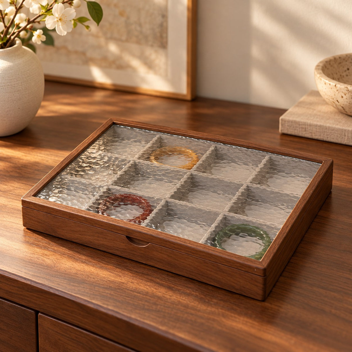 Marea Glass Jewellery Box in Bracelet, on a sideboard in natural light #Style_Bracelet