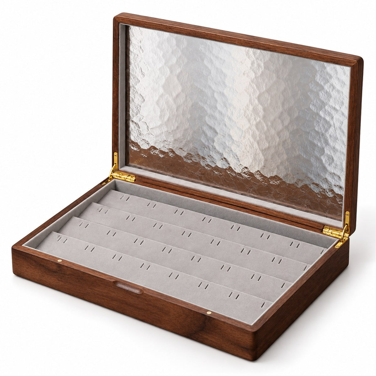 Marea Glass Jewellery Box in Earring, open with empty compartments, studio view on white #Style_Earring