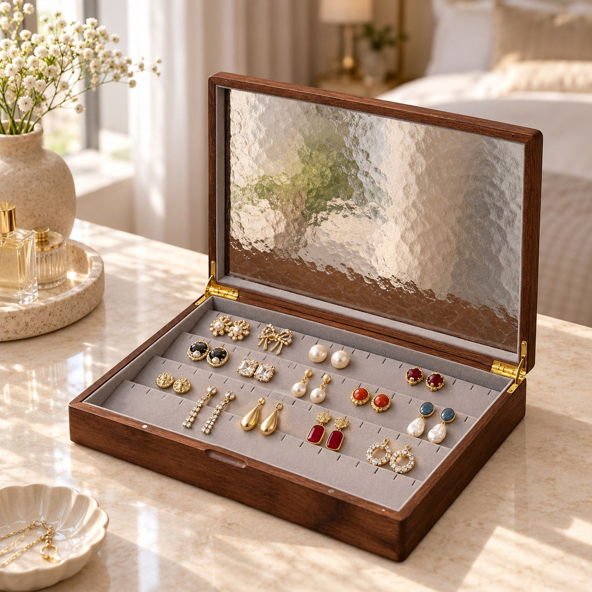 Marea Glass Jewellery Box in Earring, on a dressing table #Style_Earring