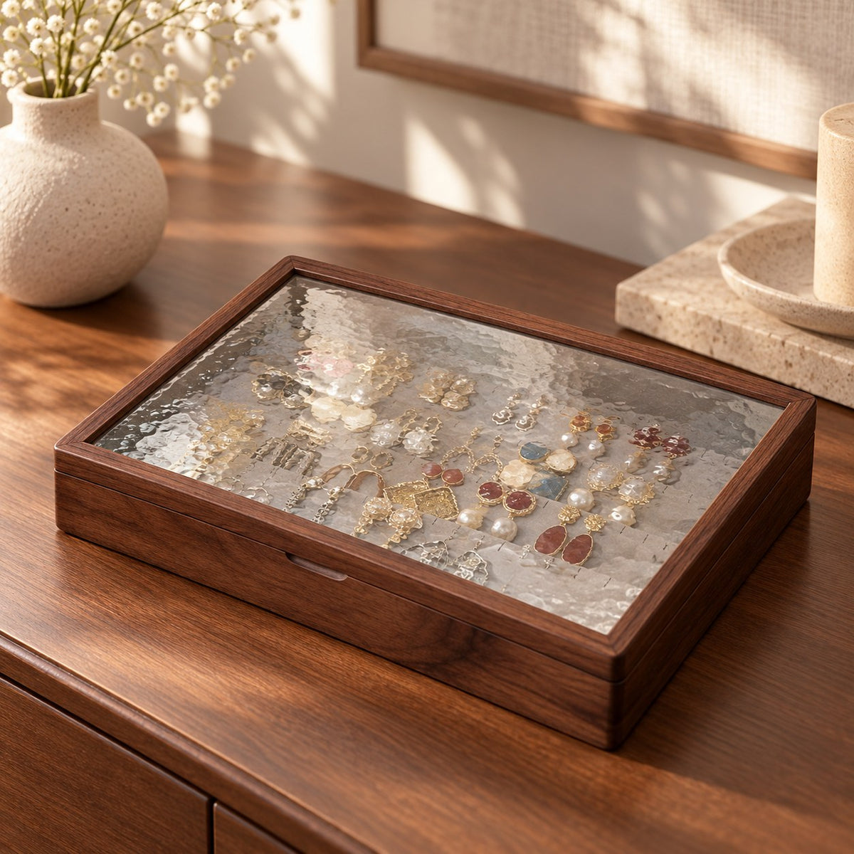 Marea Glass Jewellery Box in Earring, on a sideboard in natural light #Style_Earring