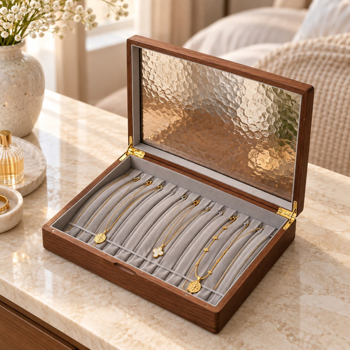 Marea Glass Jewellery Box in Necklace, on a dressing table #Style_Necklace