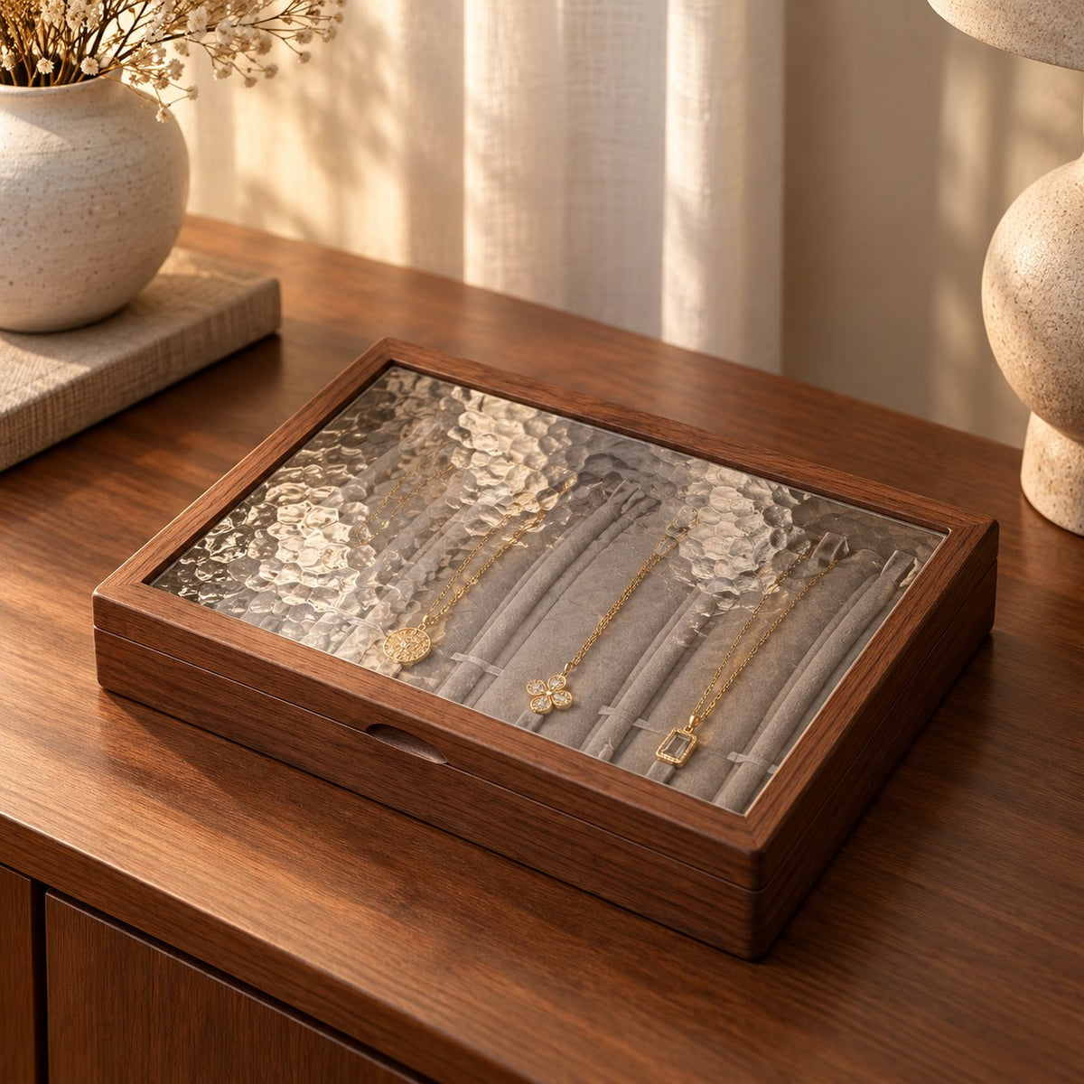 Marea Glass Jewellery Box in Necklace, on a sideboard in natural light #Style_Necklace