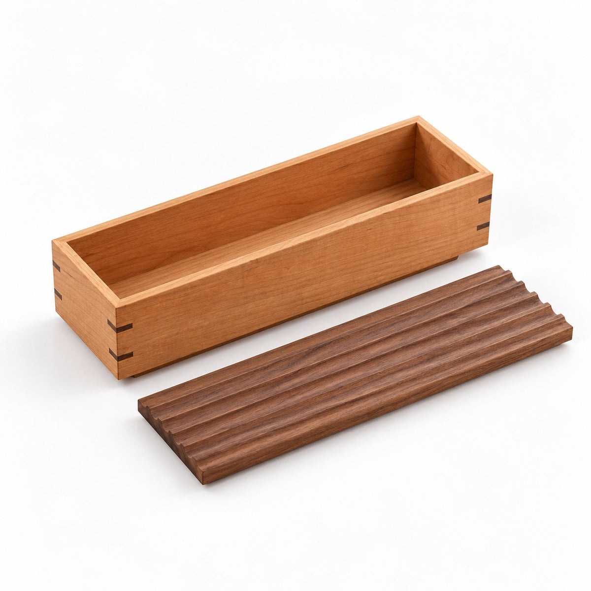 Memora Ripple-Lid Keepsake Box in Rectangular, open with empty compartments, studio view on white #Size_Rectangular