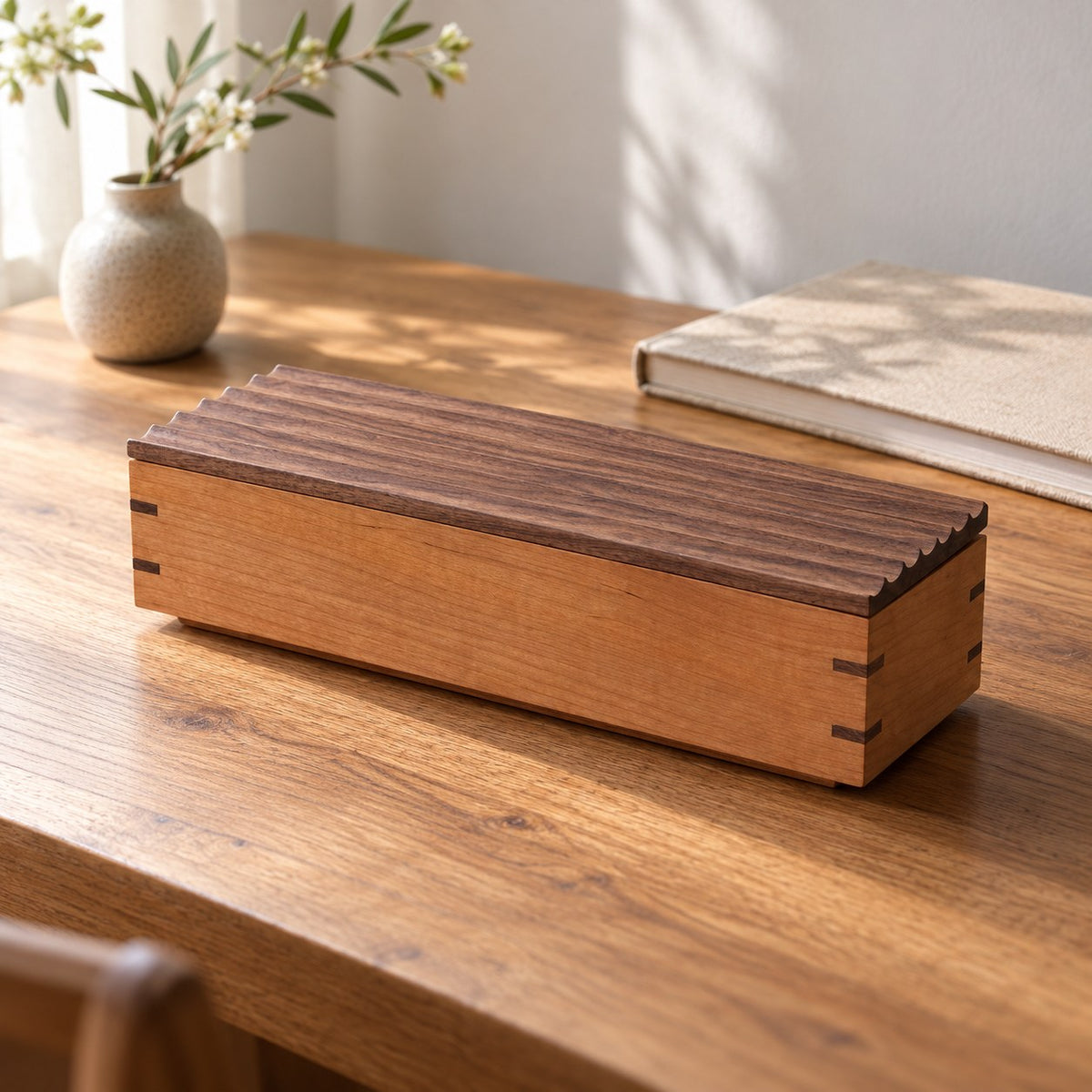 Memora Ripple-Lid Keepsake Box in Rectangular, on a sideboard in natural light #Size_Rectangular