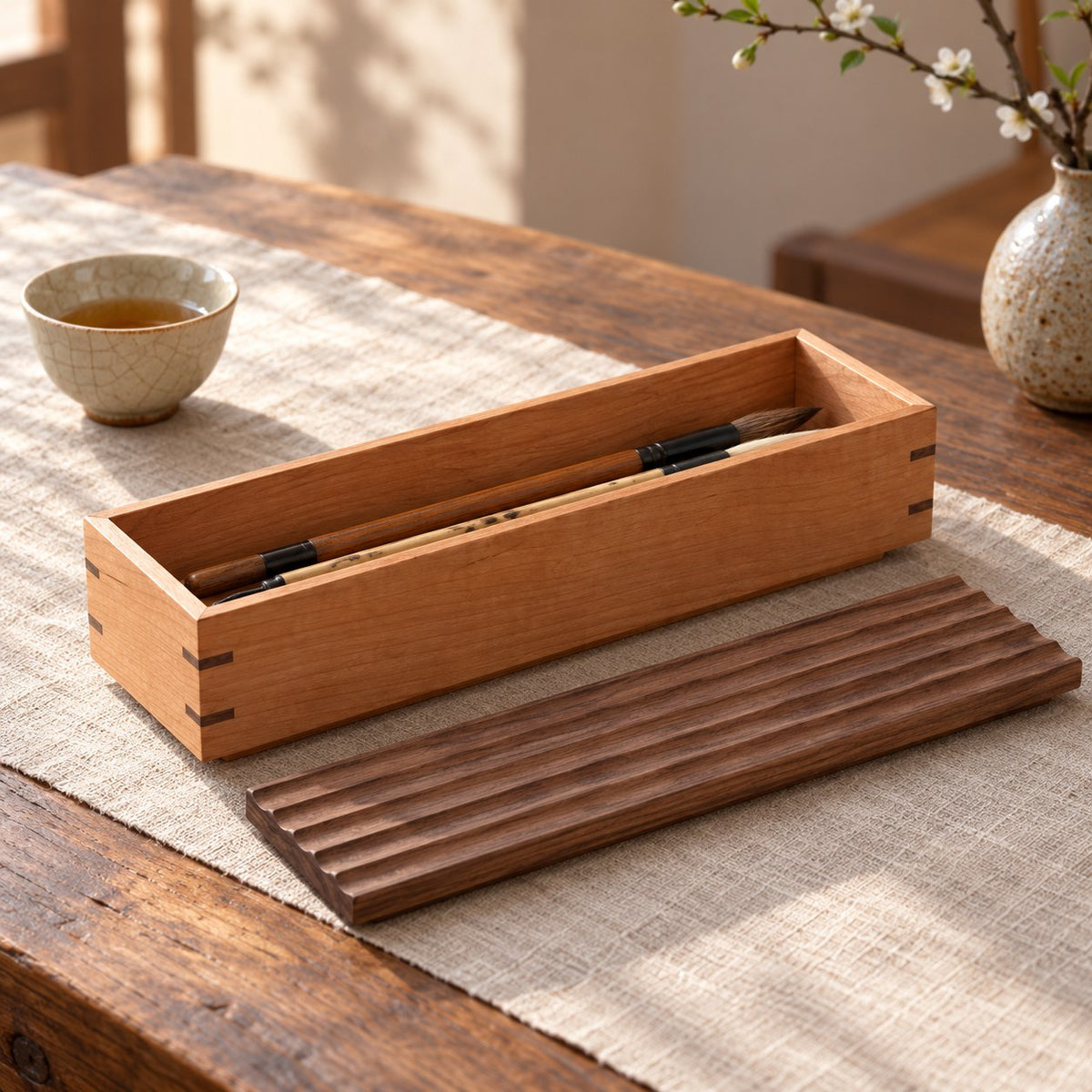 Memora Ripple-Lid Keepsake Box in Rectangular, on a table #Size_Rectangular