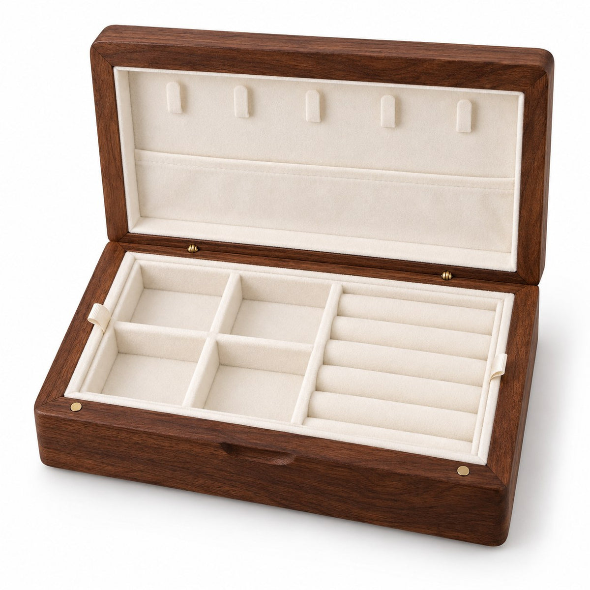 Nacrea Mother-of-Pearl Jewellery Box in Double Layer, open with empty compartments, studio view on white #Style_Double Layer
