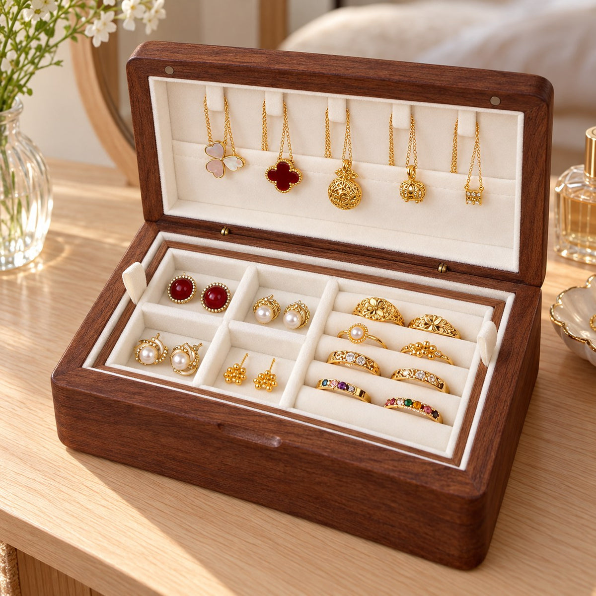 Nacrea Mother-of-Pearl Jewellery Box in Double Layer, on a dressing table #Style_Double Layer