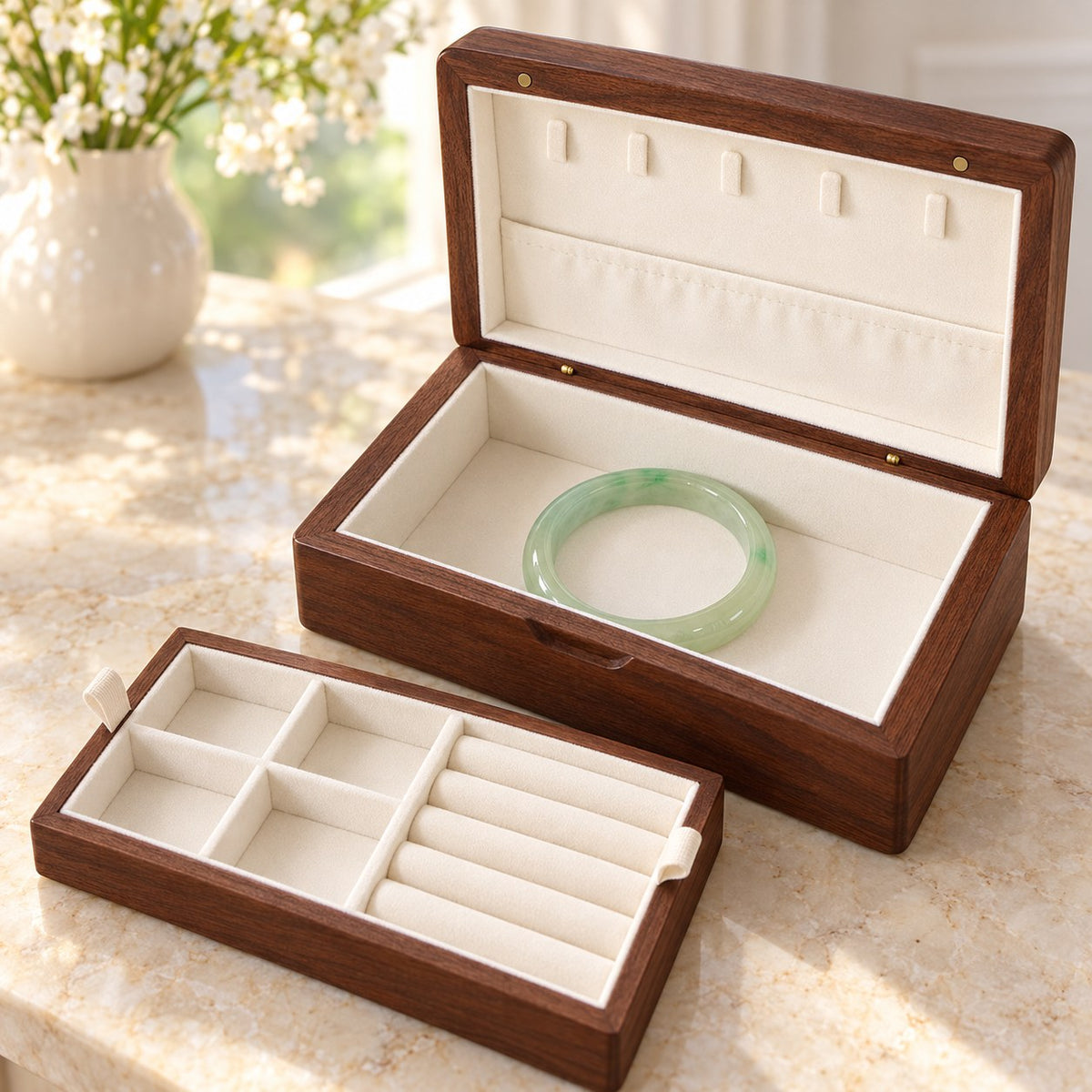 Nacrea Mother-of-Pearl Jewellery Box in Double Layer, with the removable tray lifted out #Style_Double Layer