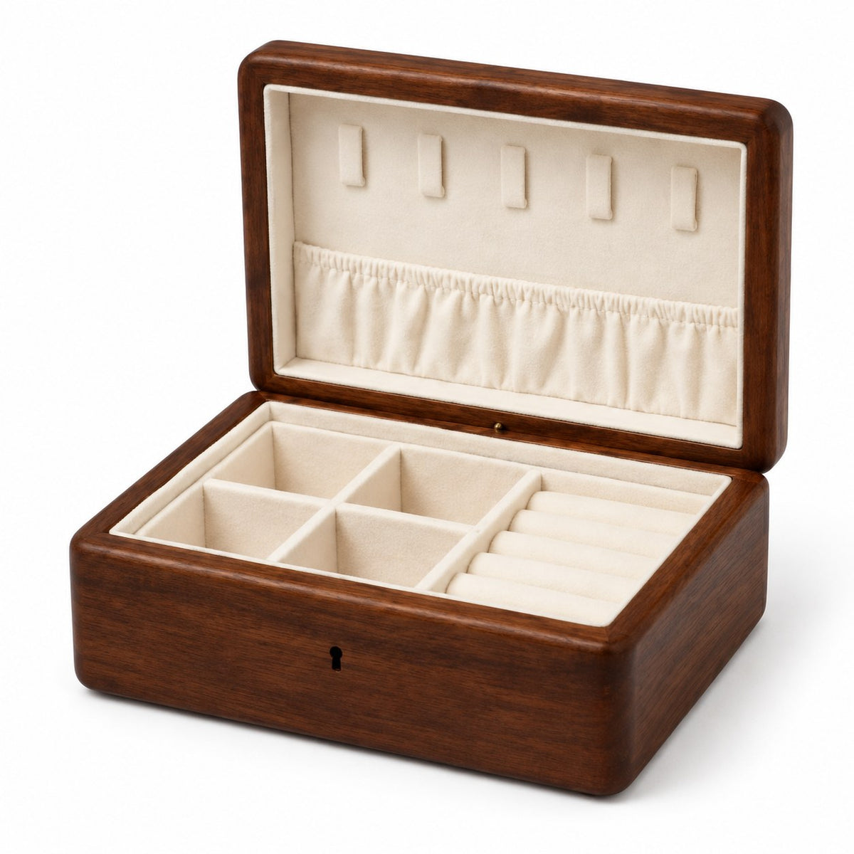 Nacrea Mother-of-Pearl Jewellery Box in Single Layer, open with empty compartments, studio view on white #Style_Single Layer