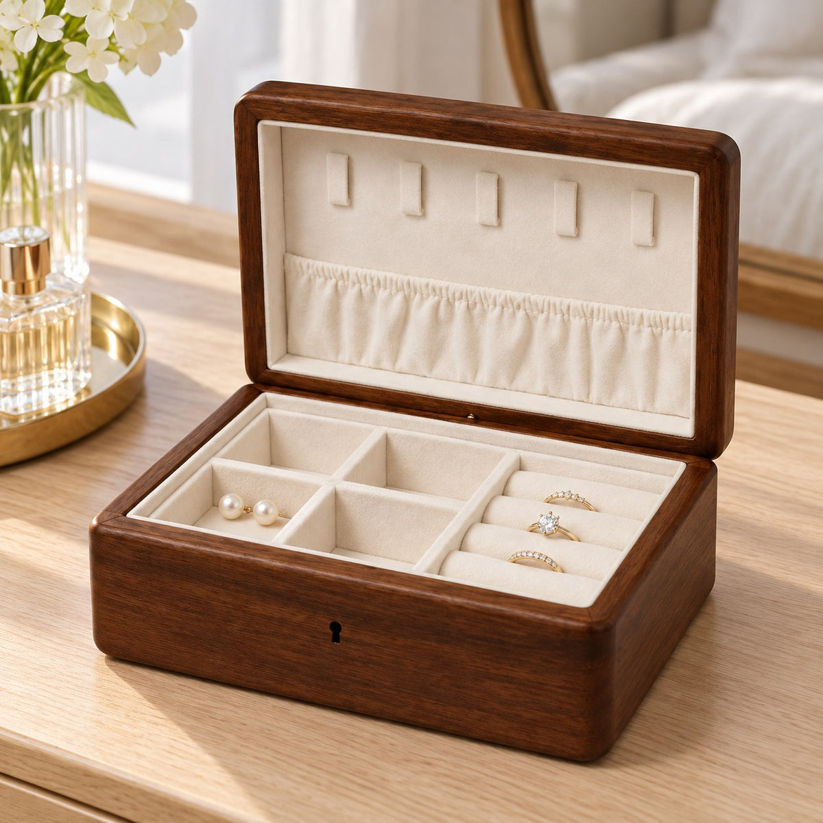 Nacrea Mother-of-Pearl Jewellery Box in Single Layer, on a dressing table #Style_Single Layer
