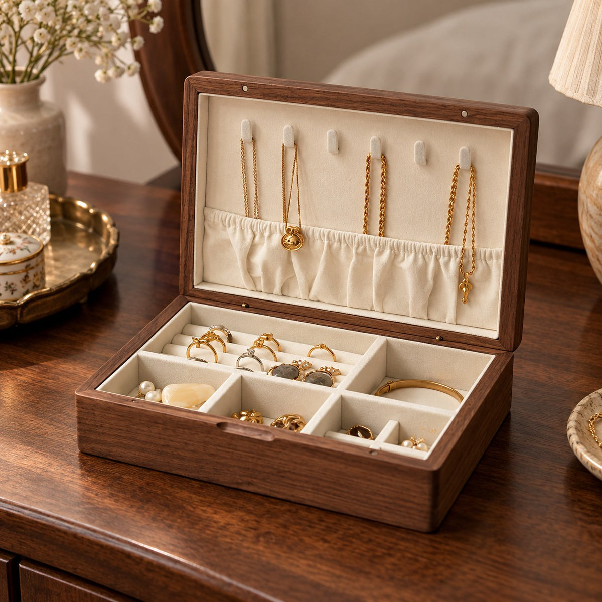 Ornata Embroidered Jewellery Box in Phoenix, on a dressing table #Style_Phoenix