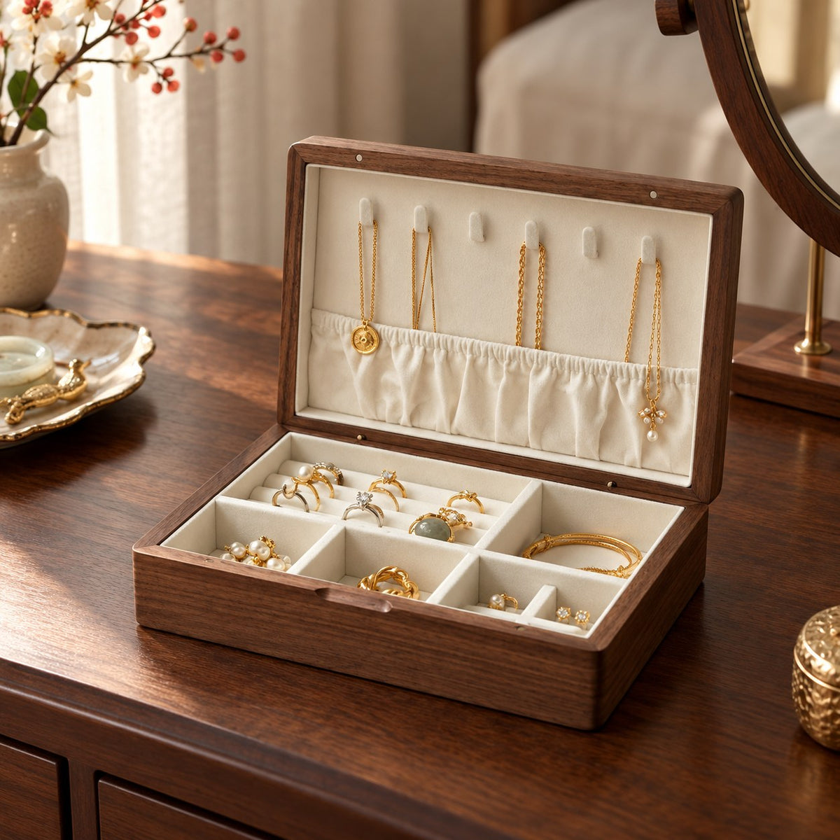 Ornata Embroidered Jewellery Box in Rivermount, on a dressing table #Style_Rivermount