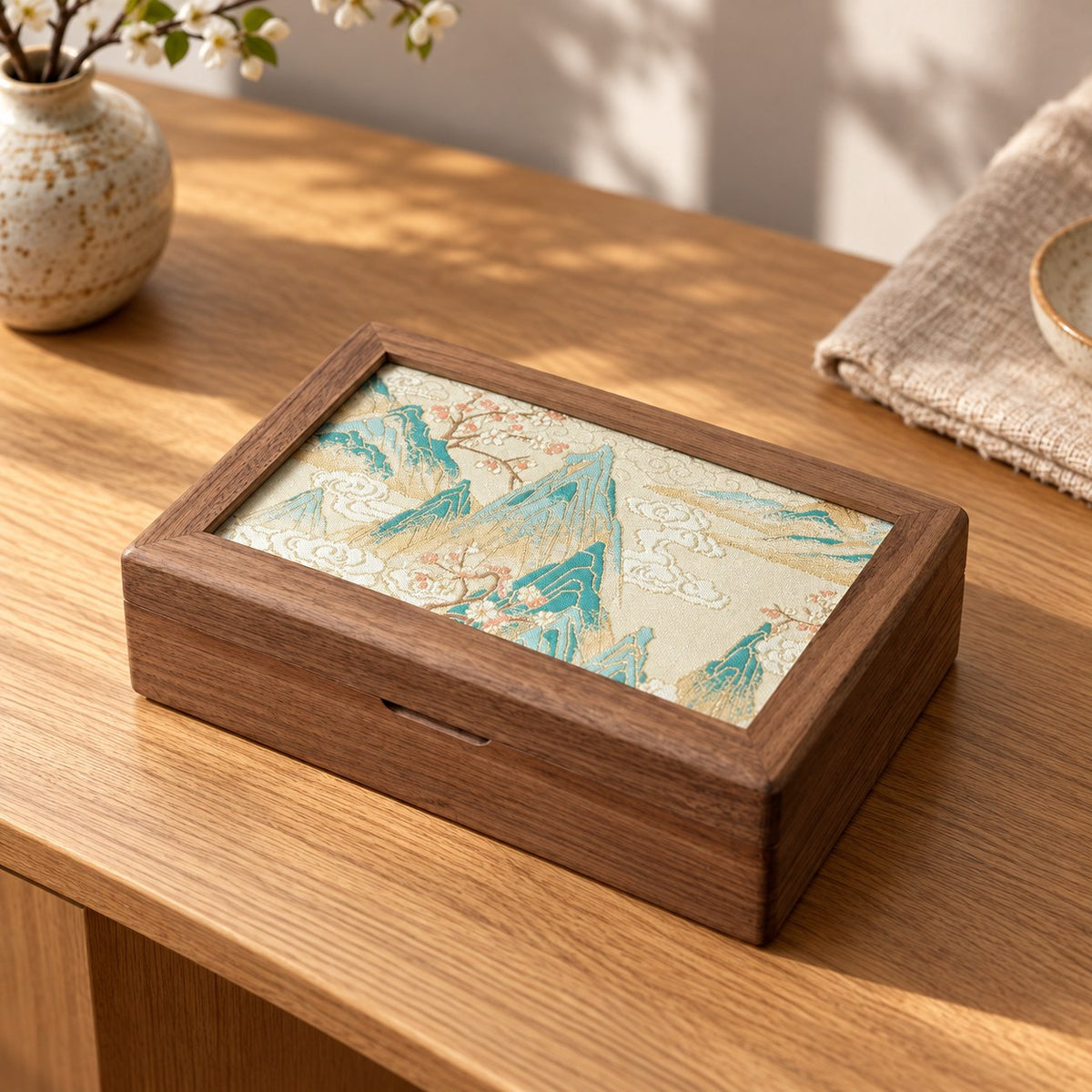 Ornata Embroidered Jewellery Box in Rivermount, on a sideboard in natural light #Style_Rivermount