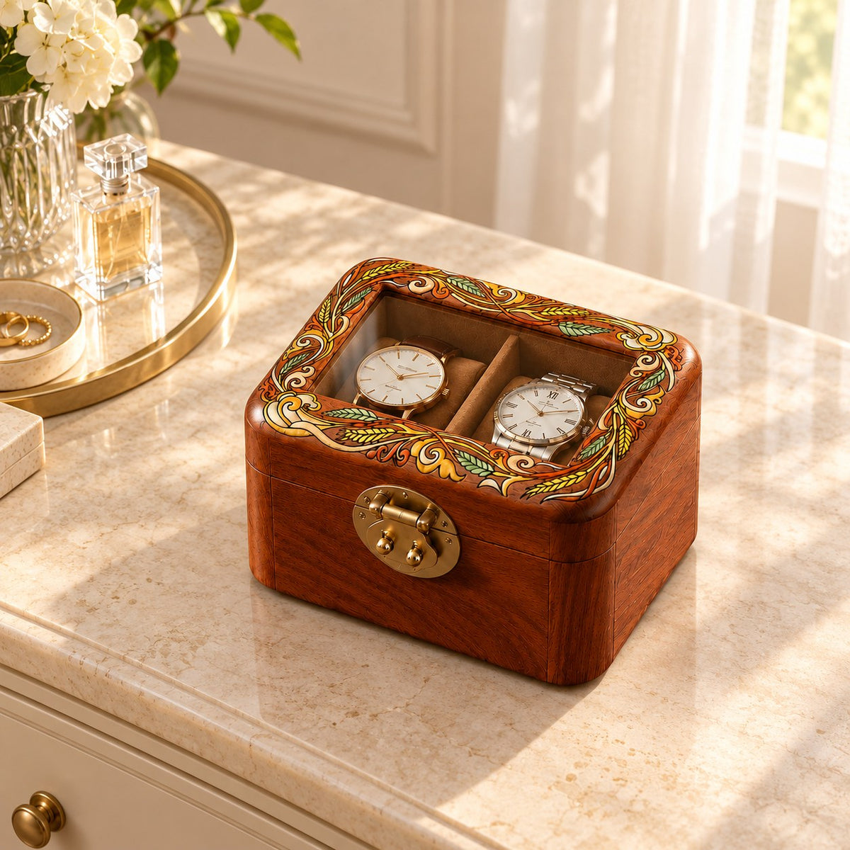 Pictura Hand-Painted Watch Box in 2-Slot, on a dressing table #Style_2-Slot