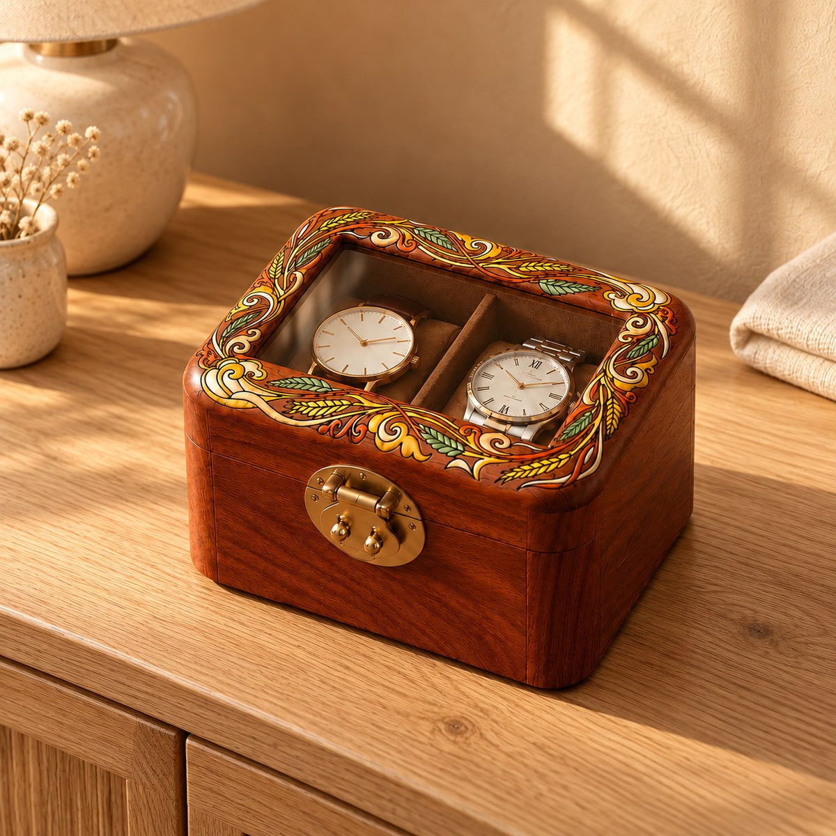 Pictura Hand-Painted Watch Box in 2-Slot, on a sideboard in natural light #Style_2-Slot
