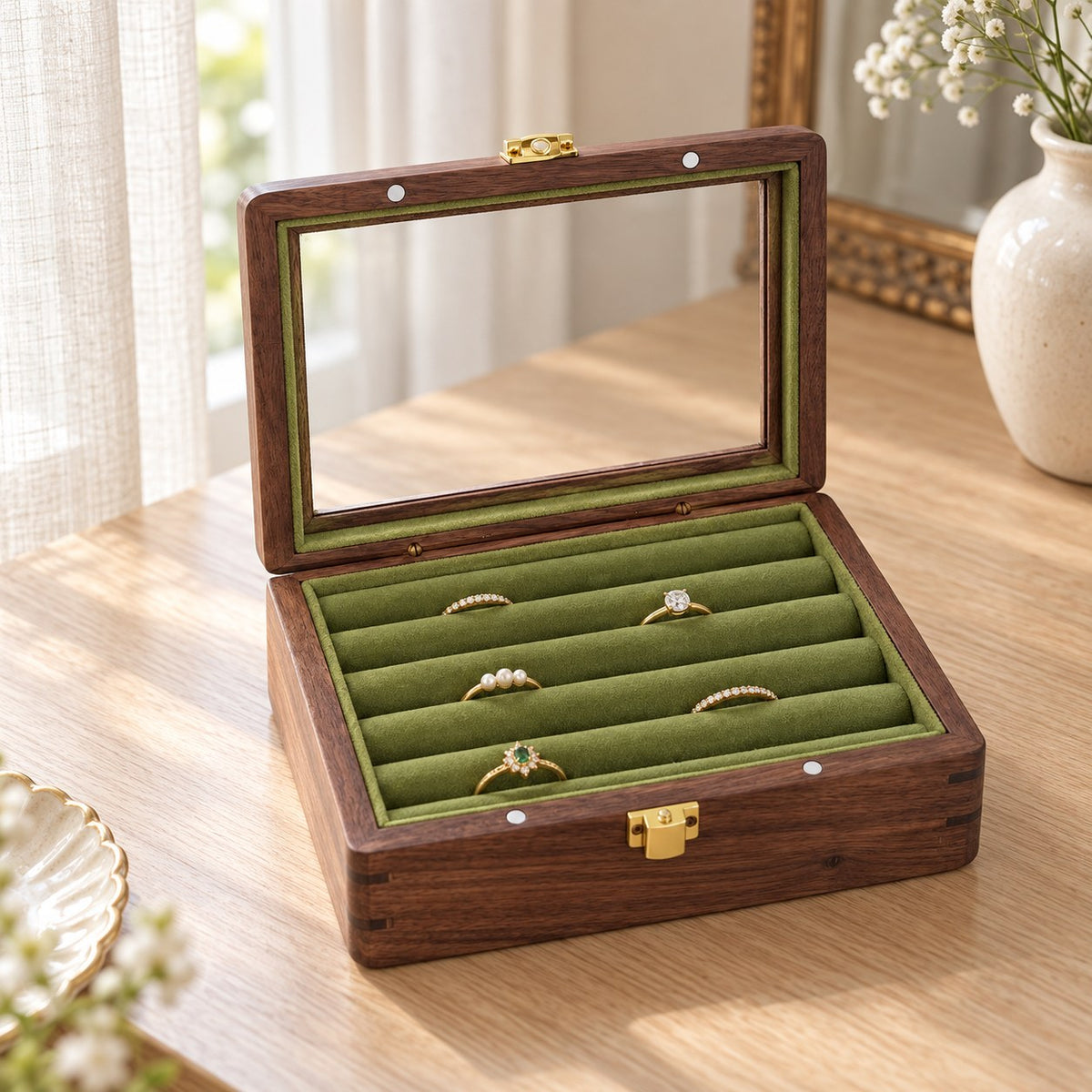 Pleia Walnut Jewellery Box in Green, on a dressing table #Interior Colour_Green
