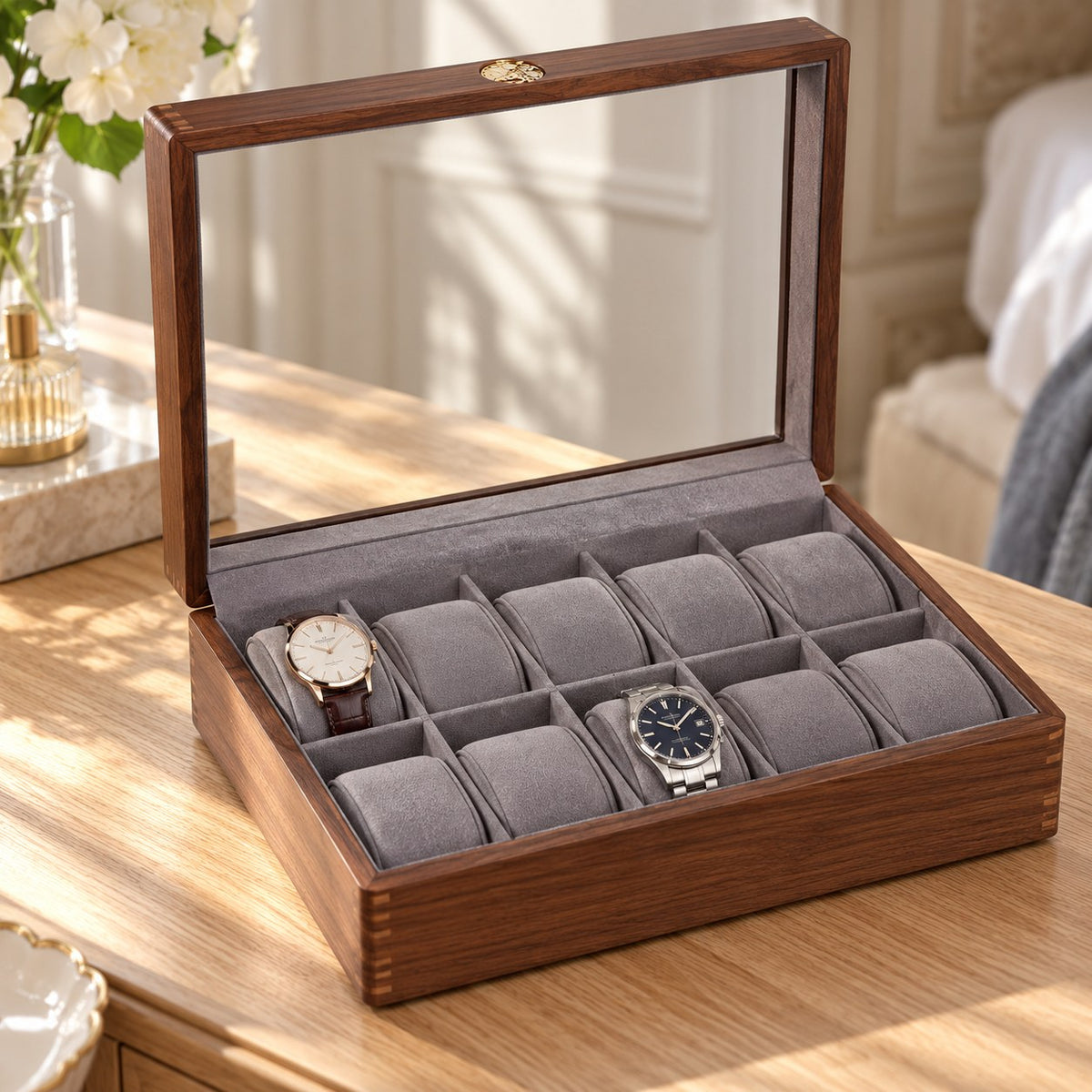 Pollux Walnut Watch Box in 10-Slot / 5 Large + 5 Small, on a dressing table #Size_10-Slot|Cushions Style_5 Large + 5 Small