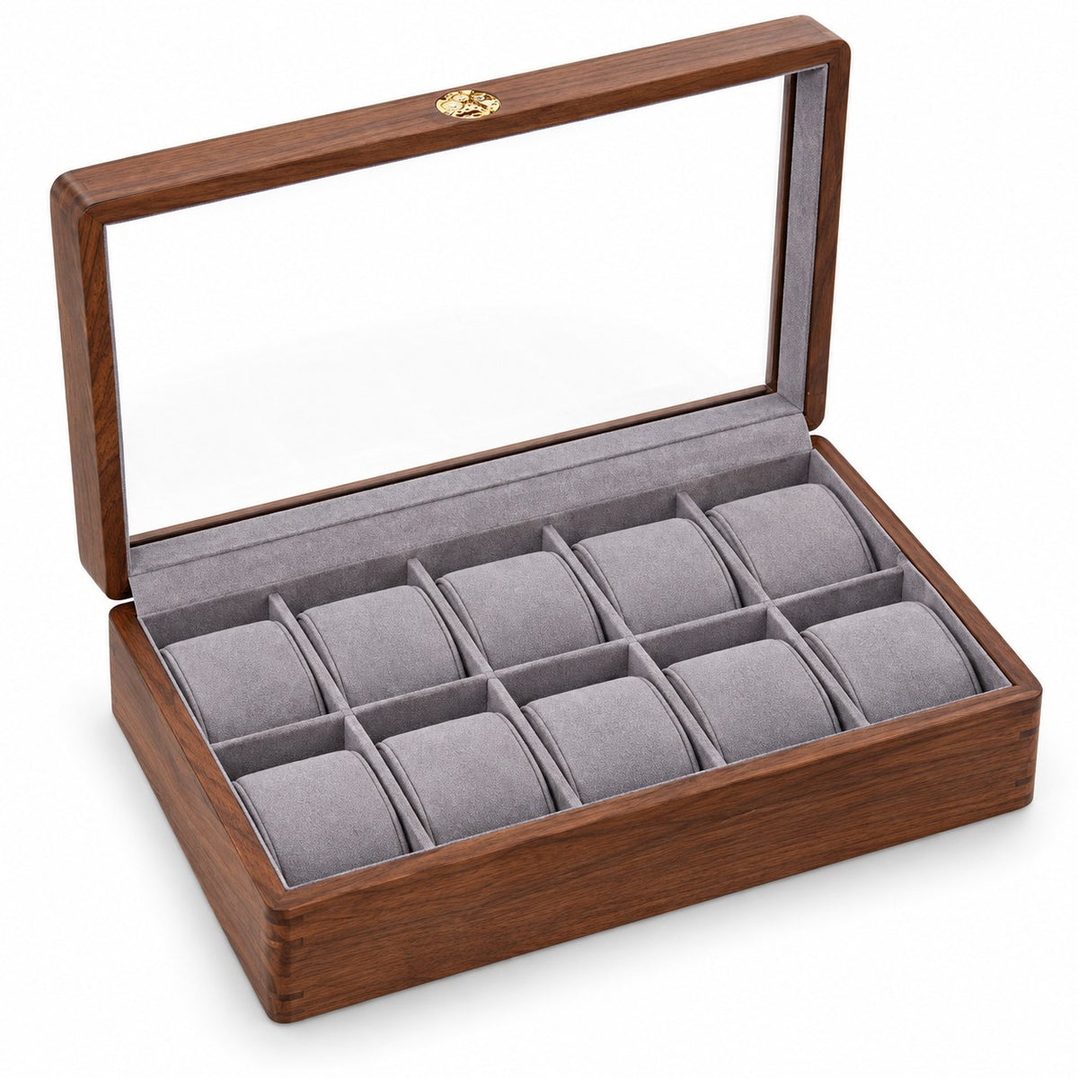 Pollux Walnut Watch Box in 10-Slot / Large, open with empty compartments, studio view on white #Size_10-Slot|Cushions Style_Large