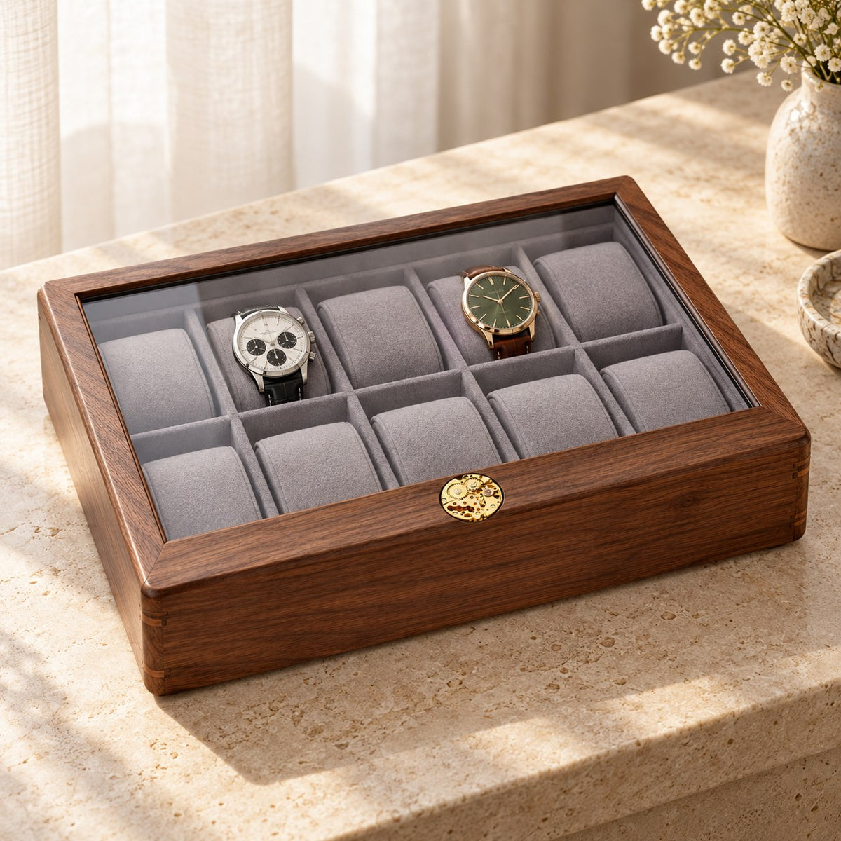 Pollux Walnut Watch Box in 10-Slot / Large, on a sideboard in natural light #Size_10-Slot|Cushions Style_Large