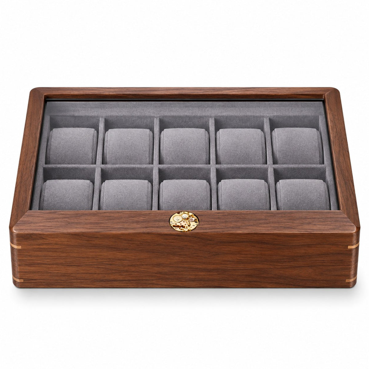 Pollux Walnut Watch Box in 10-Slot / Small, closed, studio view on white #Size_10-Slot|Cushions Style_Small