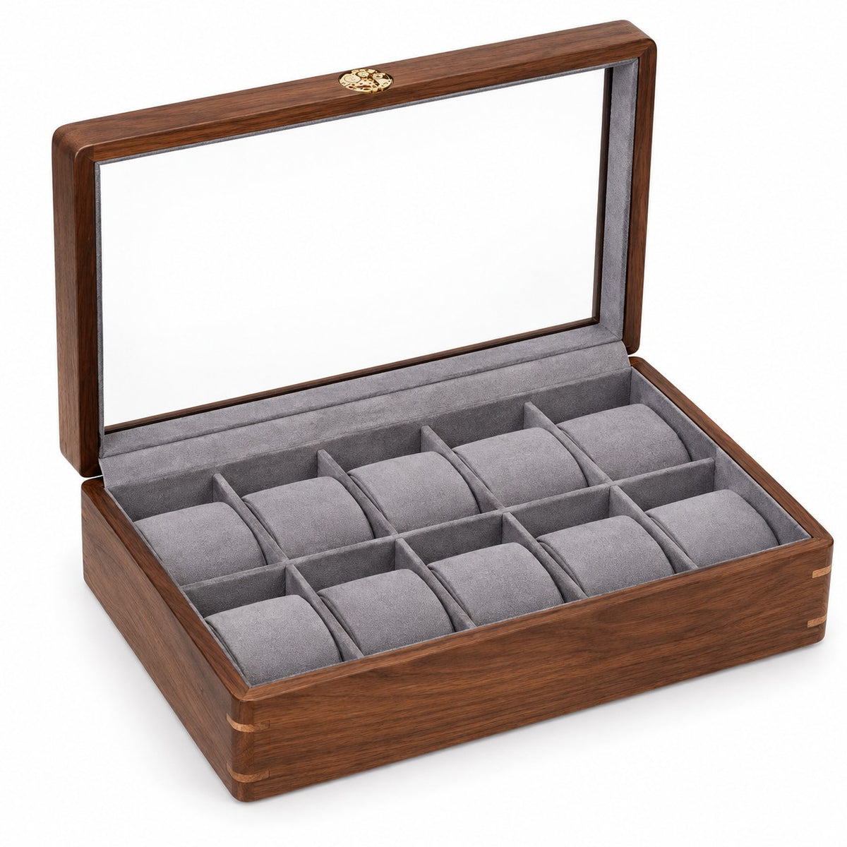 Pollux Walnut Watch Box in 10-Slot / Small, open with empty compartments, studio view on white #Size_10-Slot|Cushions Style_Small