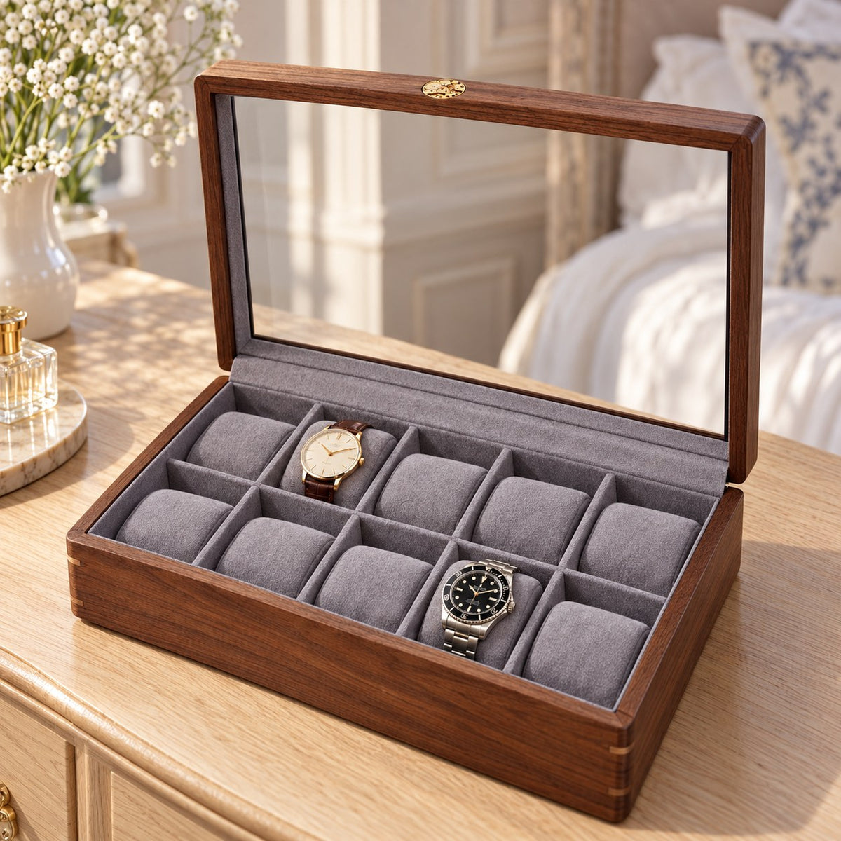 Pollux Walnut Watch Box in 10-Slot / Small, on a dressing table #Size_10-Slot|Cushions Style_Small